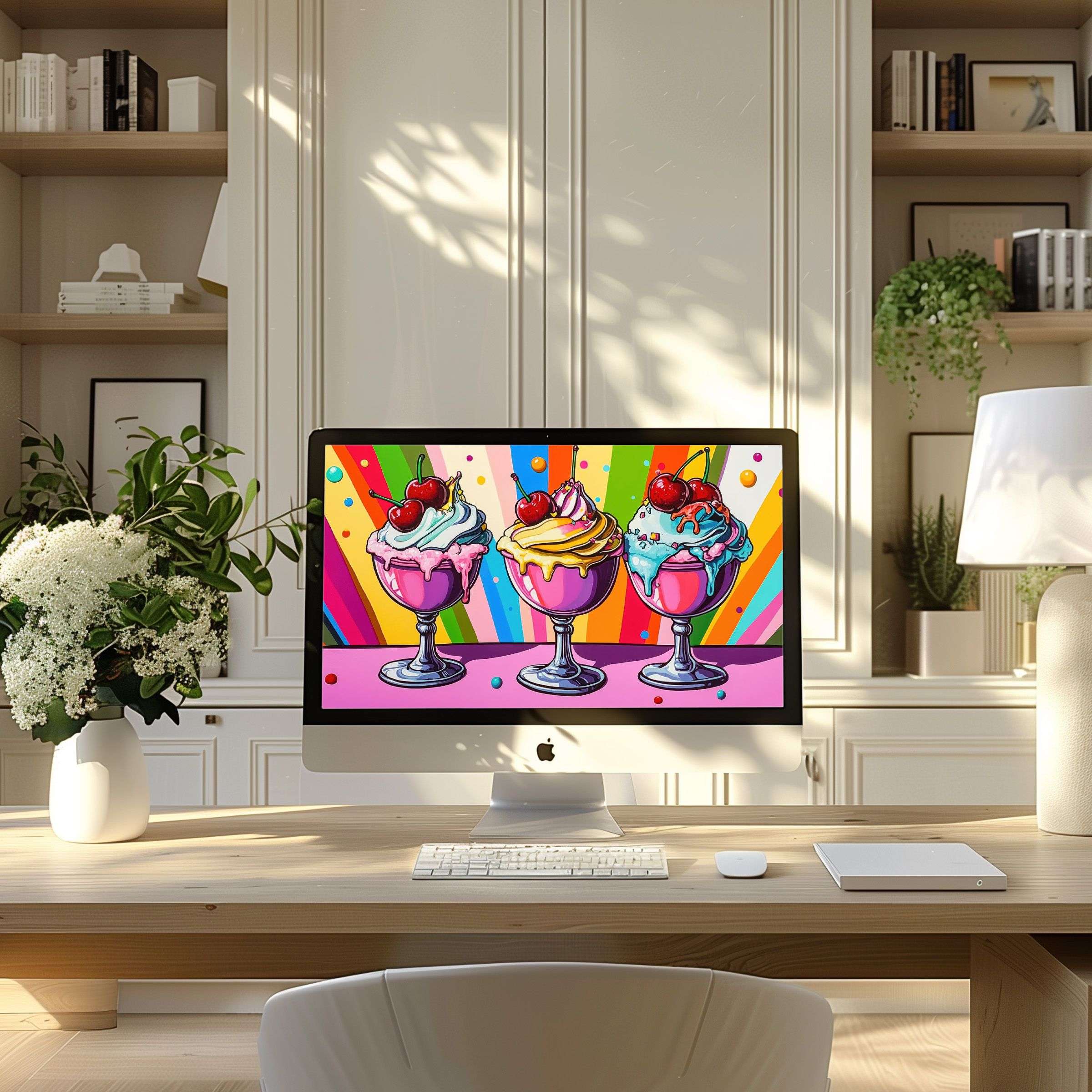 Elegant desktop setup with vibrant digital art featuring colorful sundaes, perfect wallpaper for computer, PC, laptop, ultrawide display