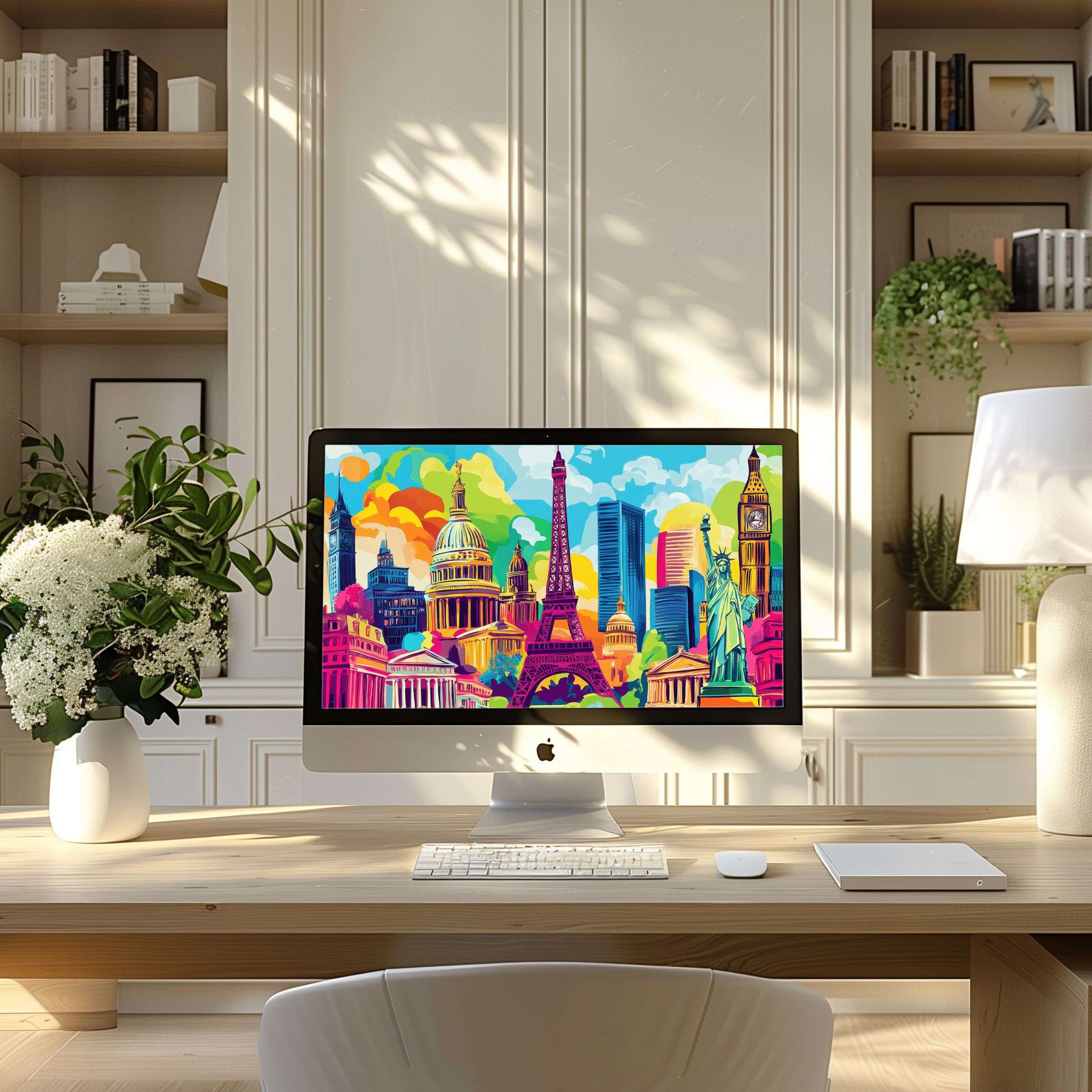 Vibrant cityscape artwork enhances your modern home office ambiance, offering elegant wallpaper for computer, PC, and laptop screens
