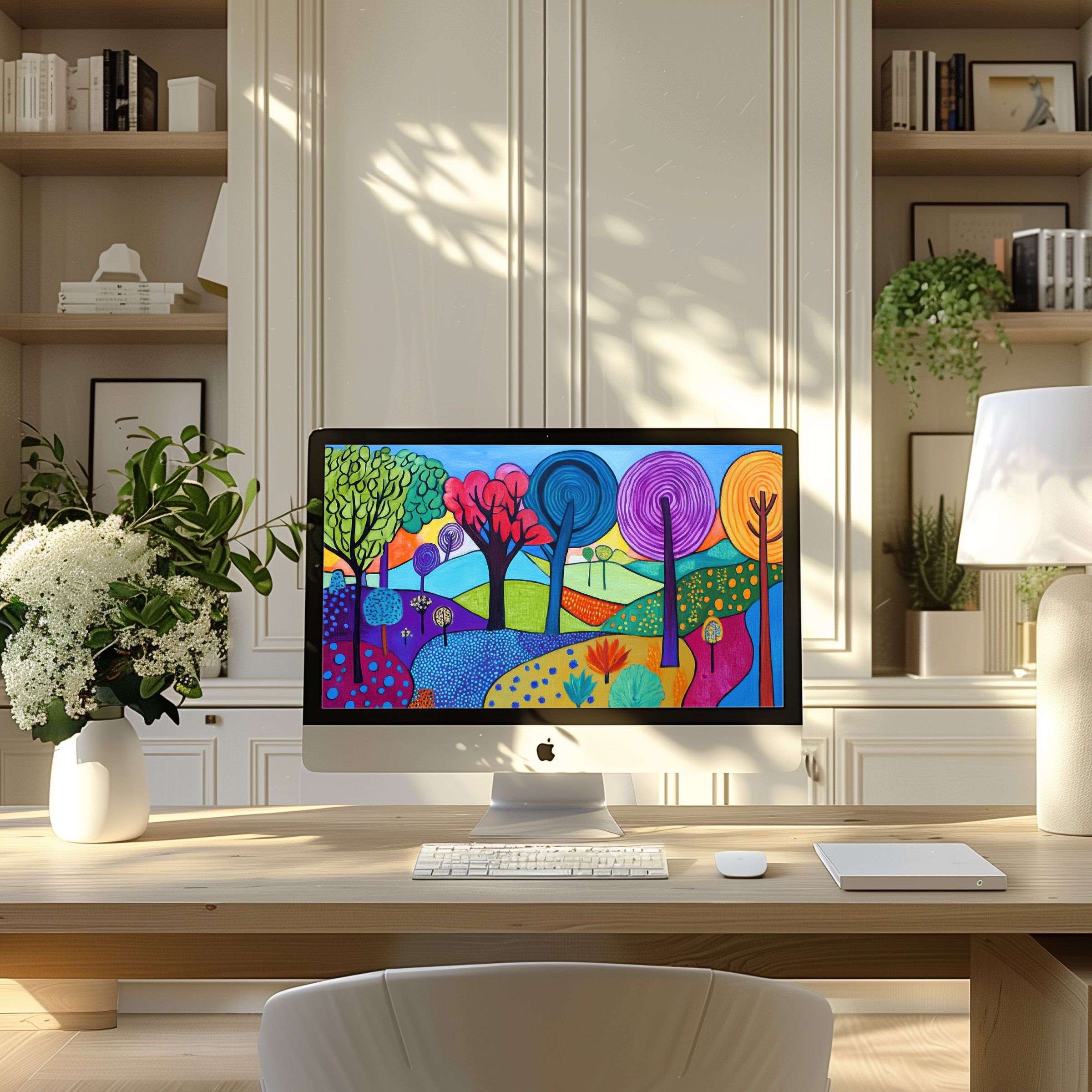 Vibrant digital landscape wallpaper for computer inspiring calm elegance on PC or laptop fits modern home office effortlessly