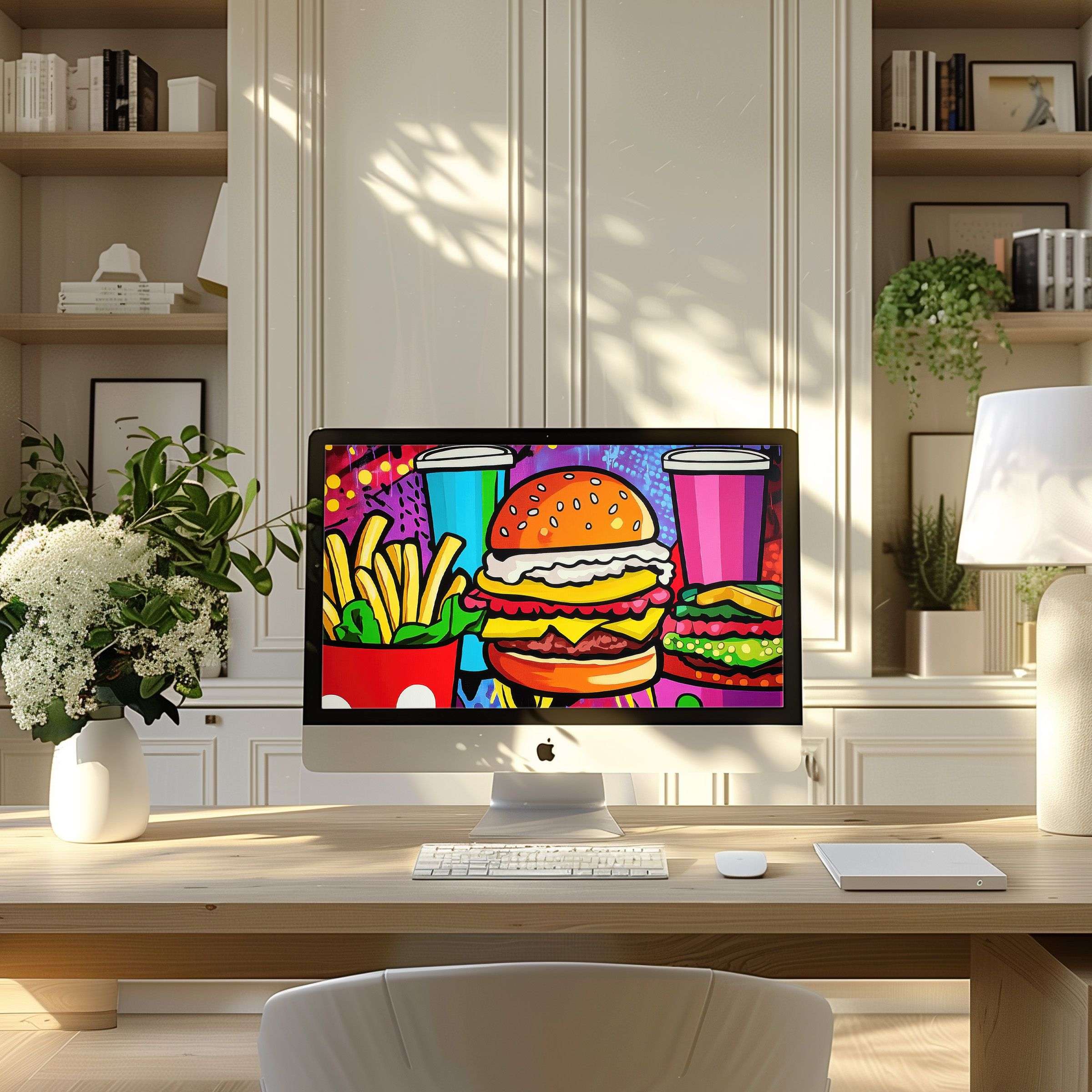 Vibrant pop art burger wallpaper for computer adds an inspiring touch to your elegant PC or laptop in a modern home office setup