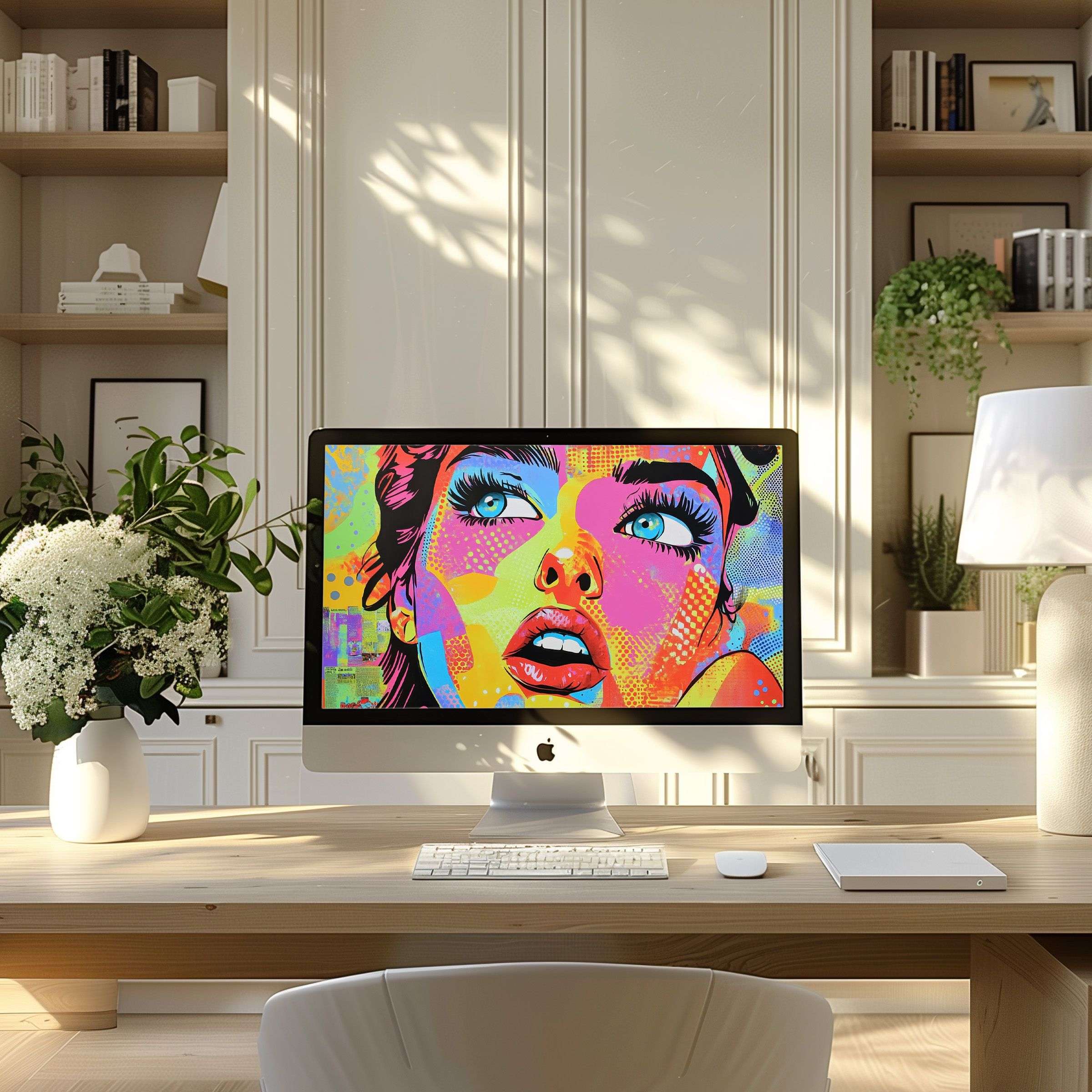 Colorful pop art woman wallpaper for computer, PC, and laptop in modern home office inspires calm and elegance, perfect digital download