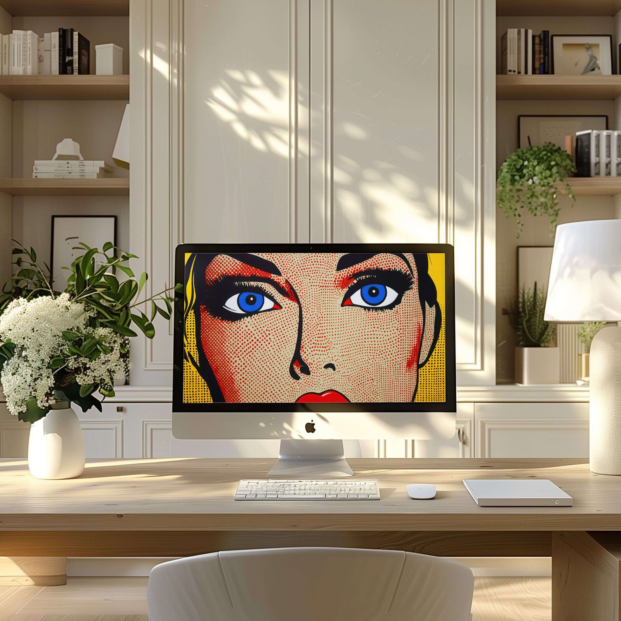 Elegant pop art wallpaper for computer infuses modern home office with inspiration, fits PC and Laptop in digital download format