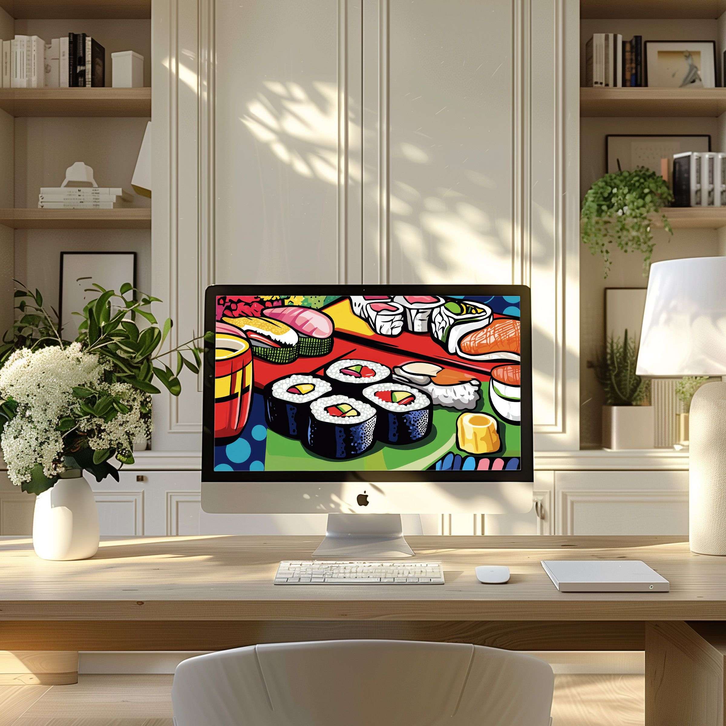 Bright sushi art enhances a modern home office with elegance, ideal as wallpaper for computer, PC, or laptop digital download