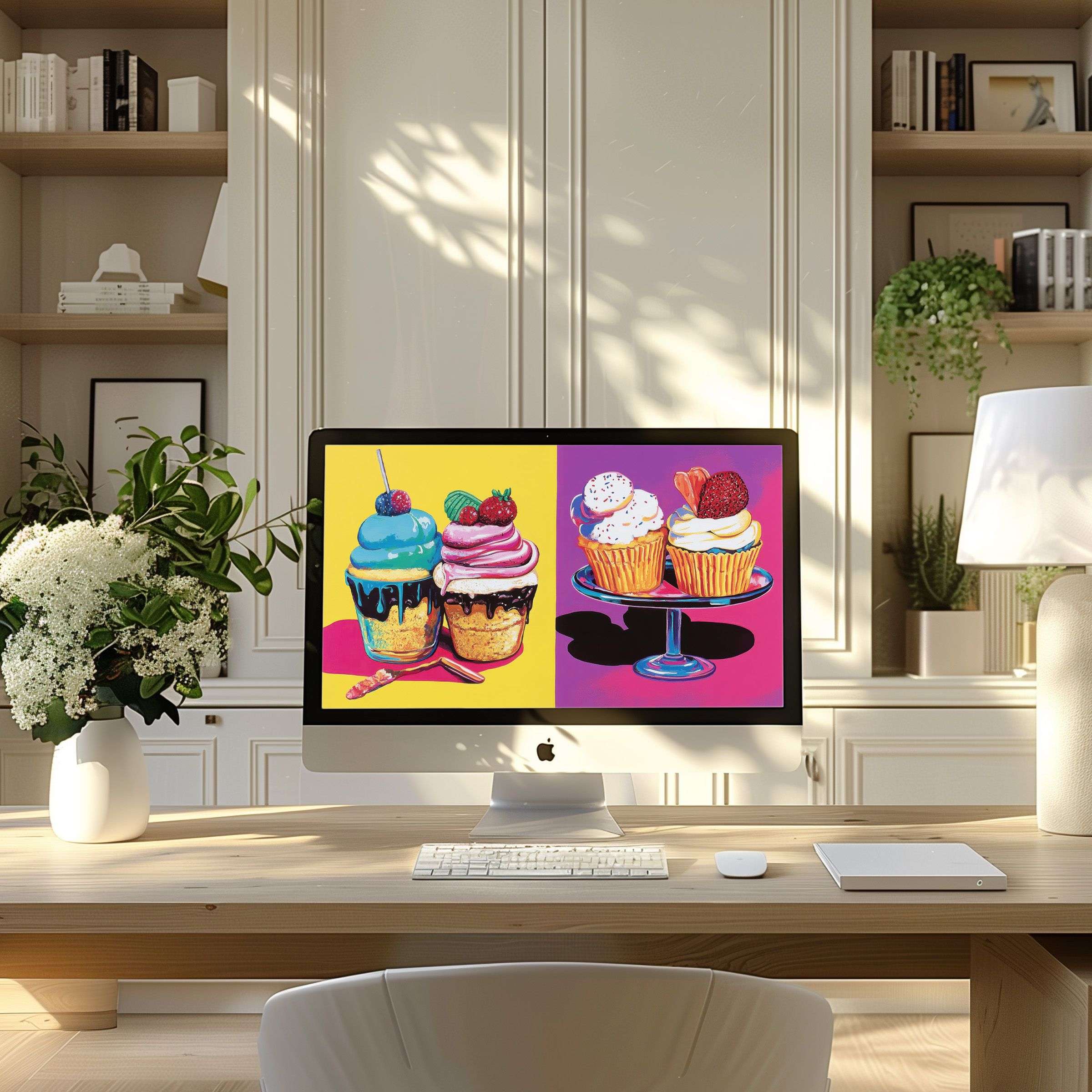 Vibrant digital art of cupcakes adds elegance and calm to modern home office decor; perfect wallpaper for computer, PC, or laptop