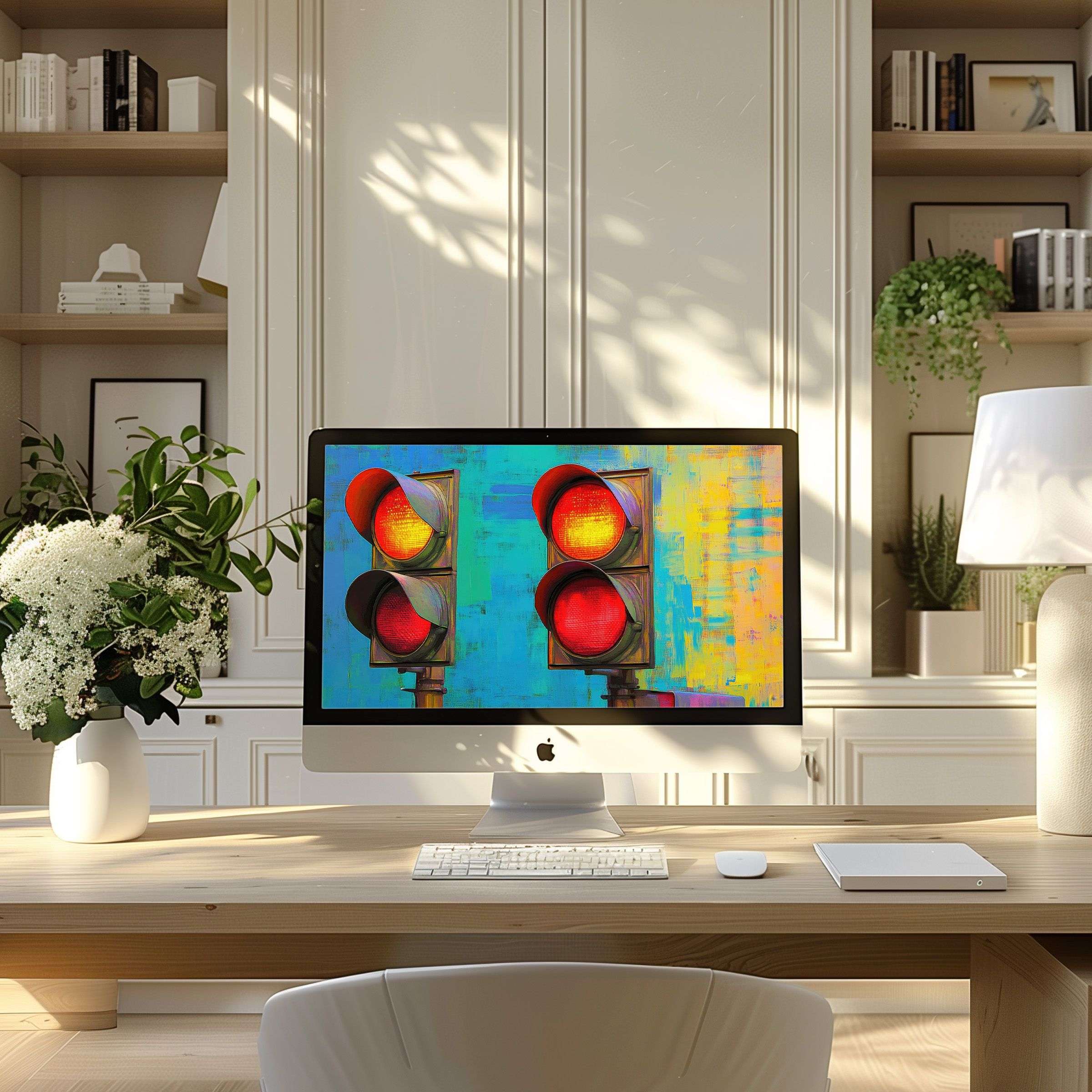 Vibrant traffic light art wallpaper for computer adds elegance to a modern home office, fitting PC, laptop, ultrawide screens