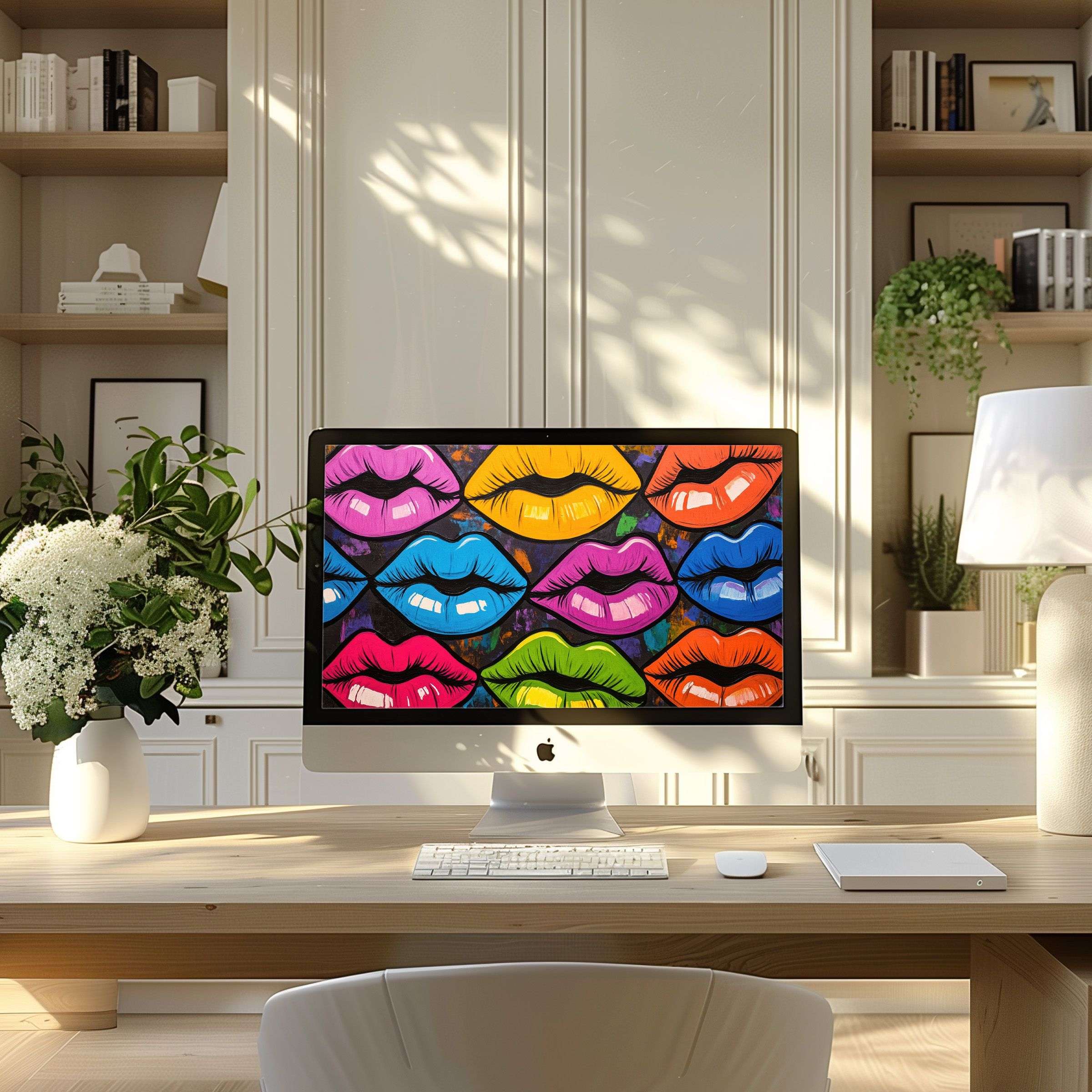 Elegant pop art lips wallpaper for computer in serene modern home office inspires creativity and fits PC, laptop, ultrawide download