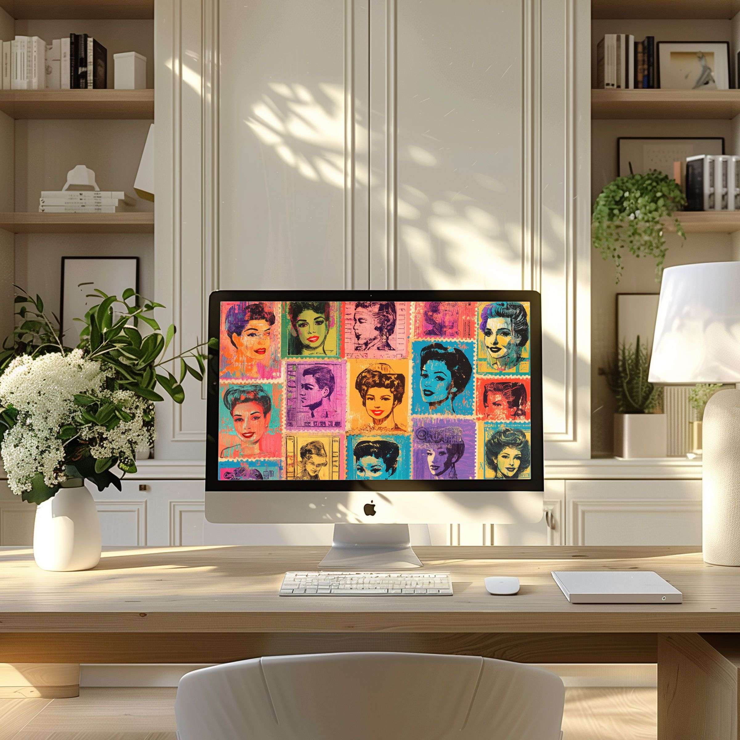 Vibrant retro portraits create a stunning wallpaper for computer in this elegant home office, suiting PC or laptop screens effortlessly