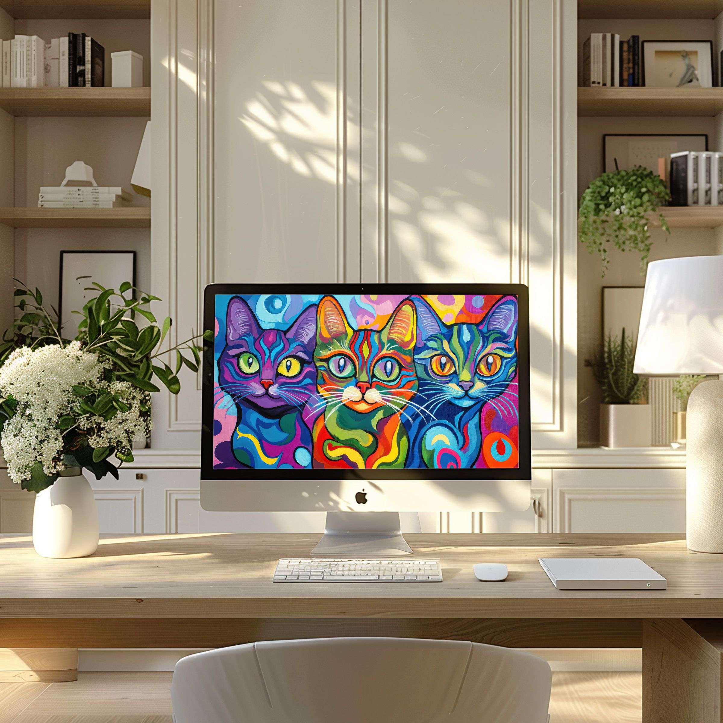 Vibrant abstract cats wallpaper for computer inspiring calm elegance in a modern home office setting for PC or laptop use