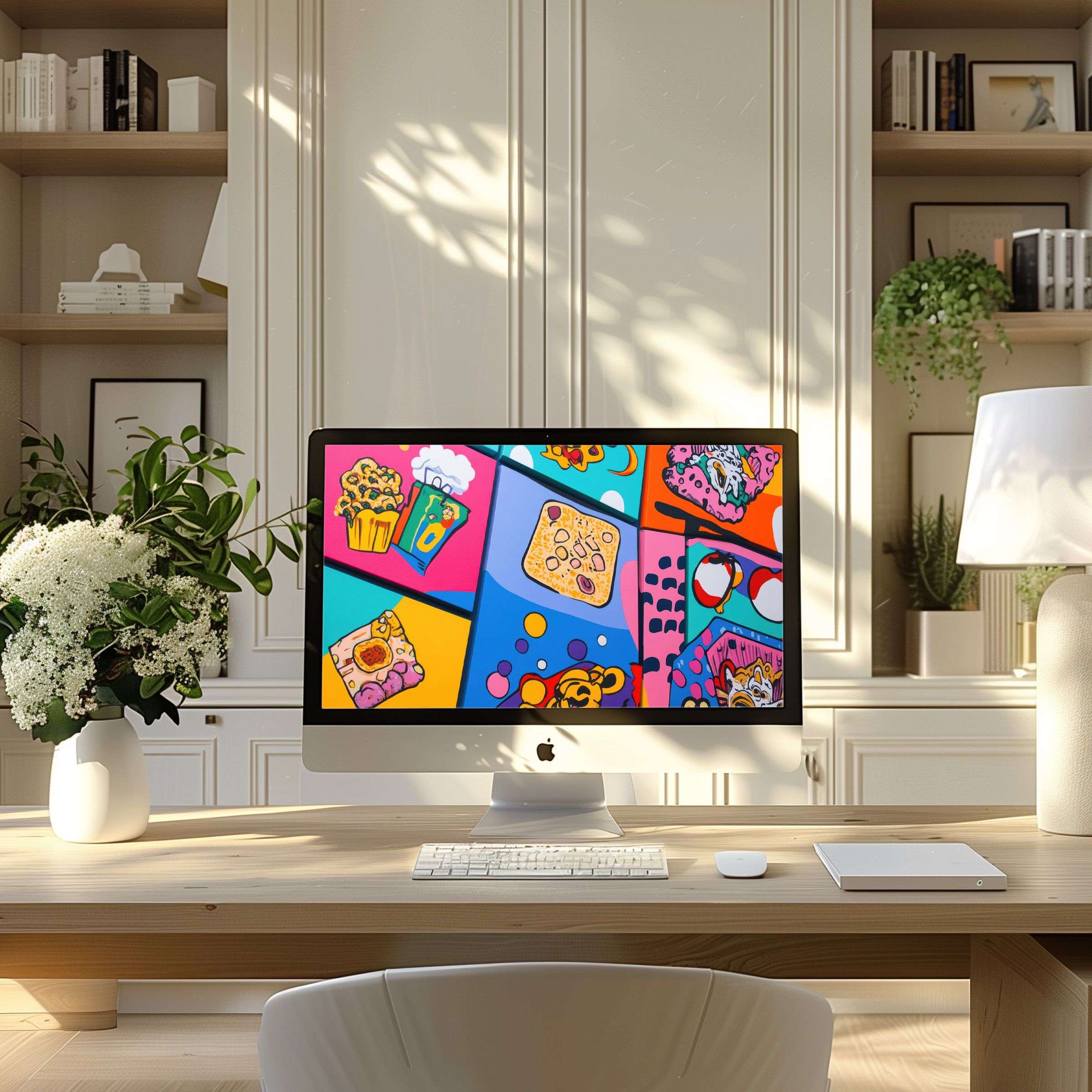 Colorful pop art wallpaper for computer, perfect for PC and laptop, inspiring modern home office with elegant, calming vibes