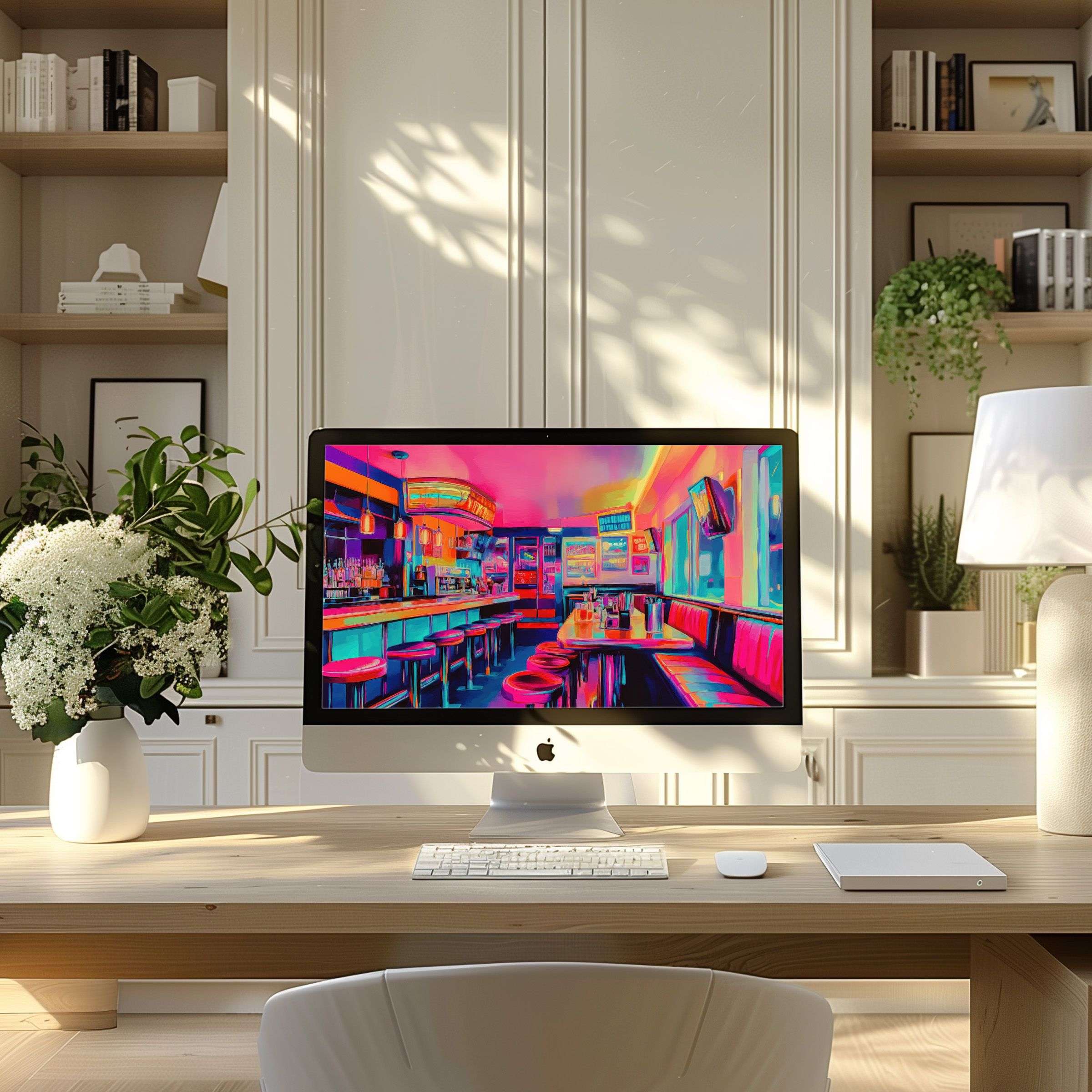 Elegant wallpaper for computer showcasing vibrant neon diner art, inspiring calm and style, ideal for PC, laptop, ultrawide use
