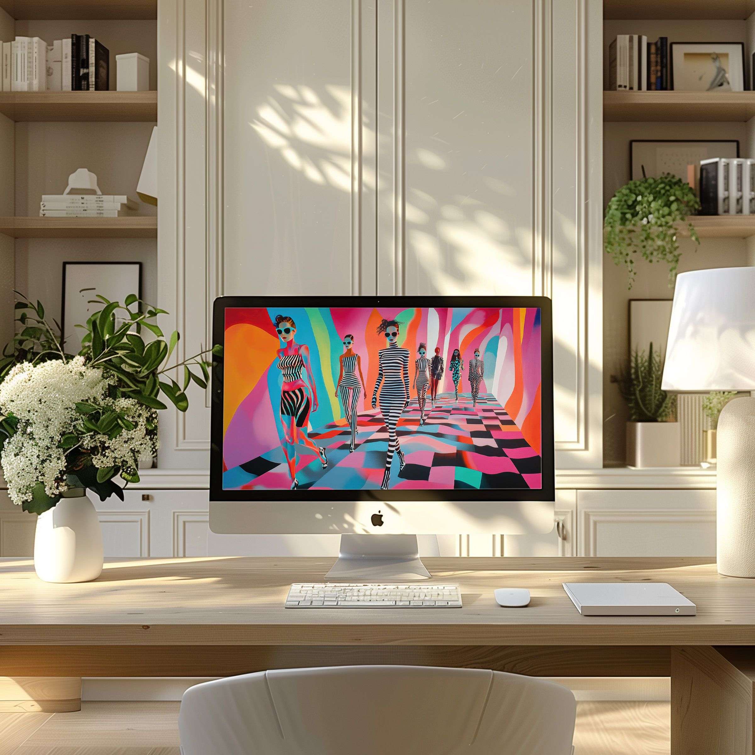 Elegant modern home office with vibrant, colorful digital art wallpaper for computer, ideal for PC or laptop, inspiring calm and style