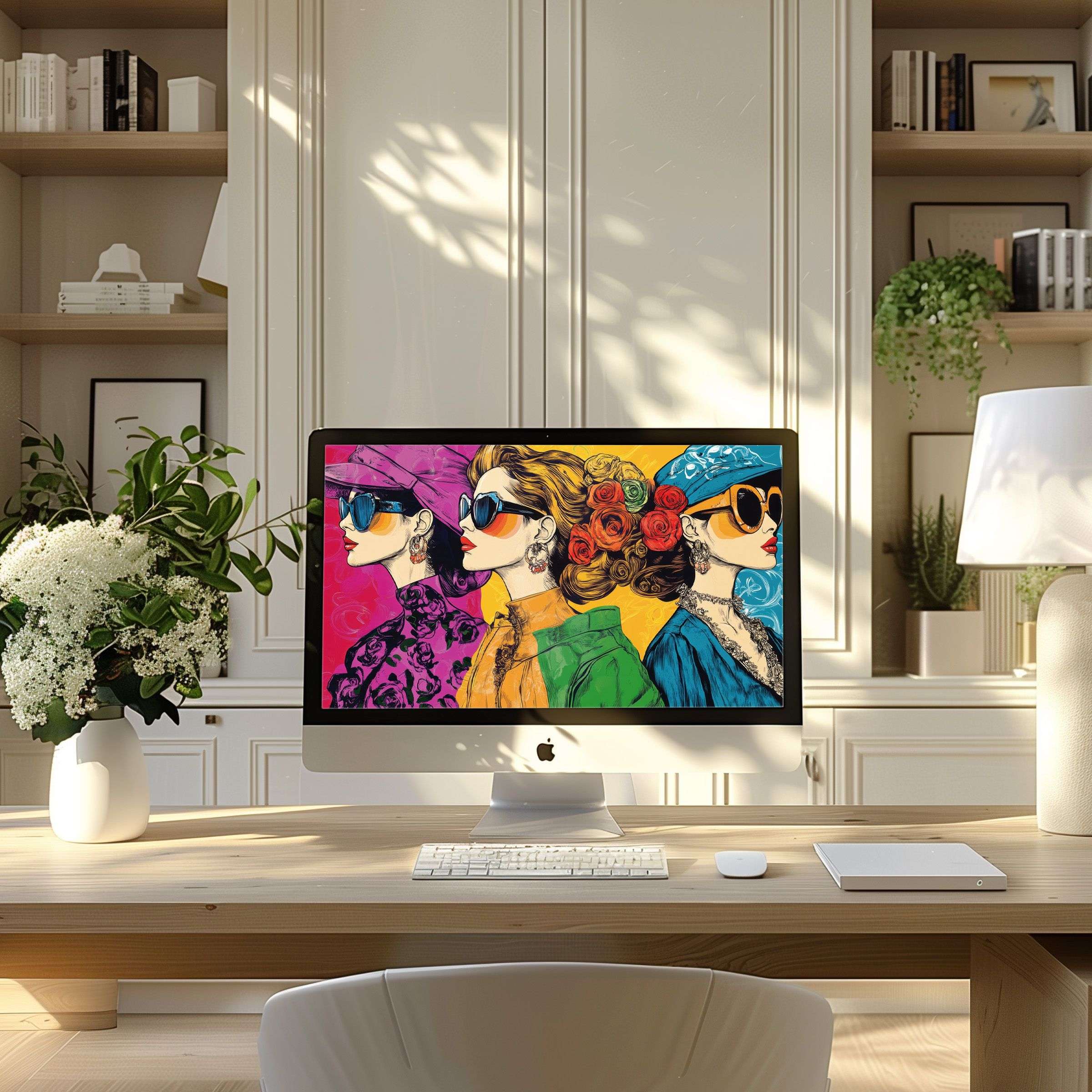 Elegant pop-art digital wallpaper for computer offers calm inspiration on PC or laptop in a modern, stylish home office setting