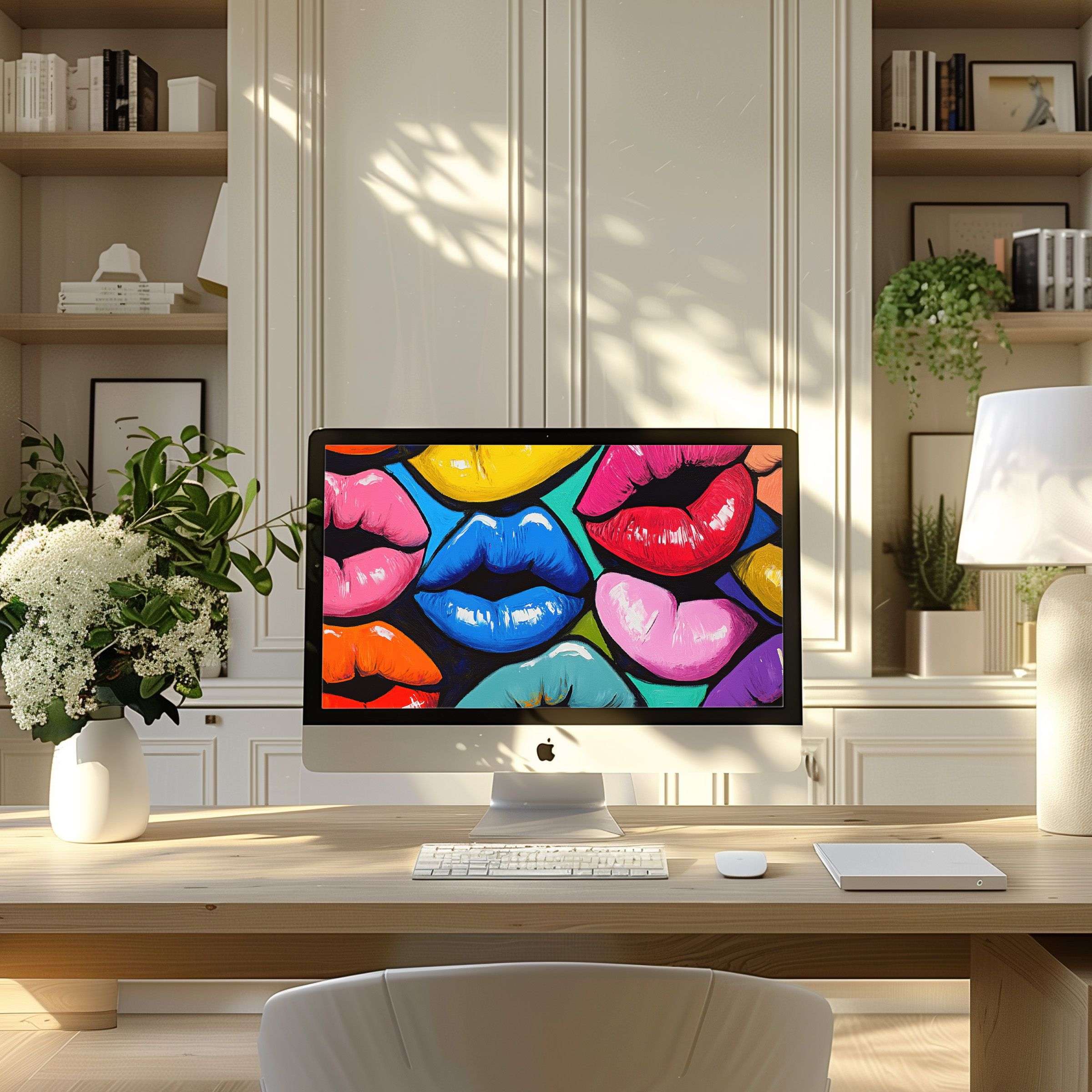 Vibrant lips artwork as a wallpaper for computer creates a serene, stylish ambiance in modern home office, fits PC and laptop