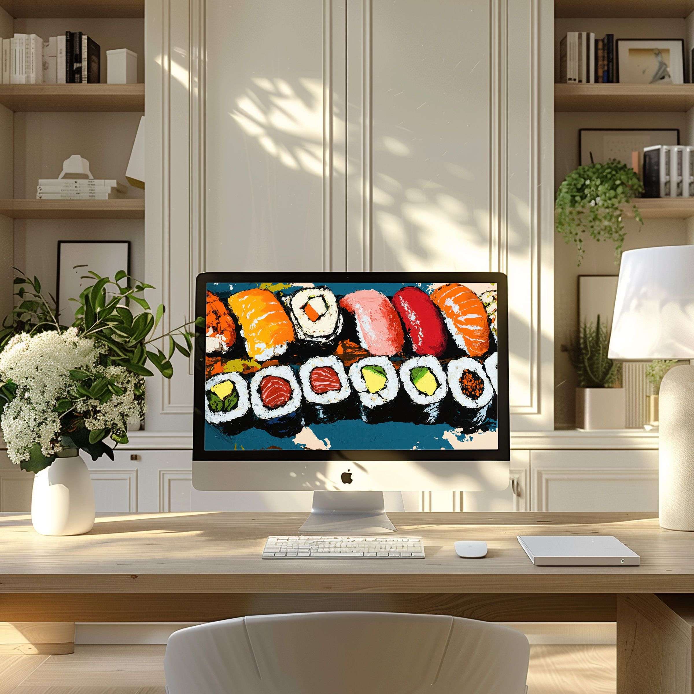 Elegant sushi art wallpaper for computer enhancing a modern home office with calm vibes fits PC laptop ultrawide download