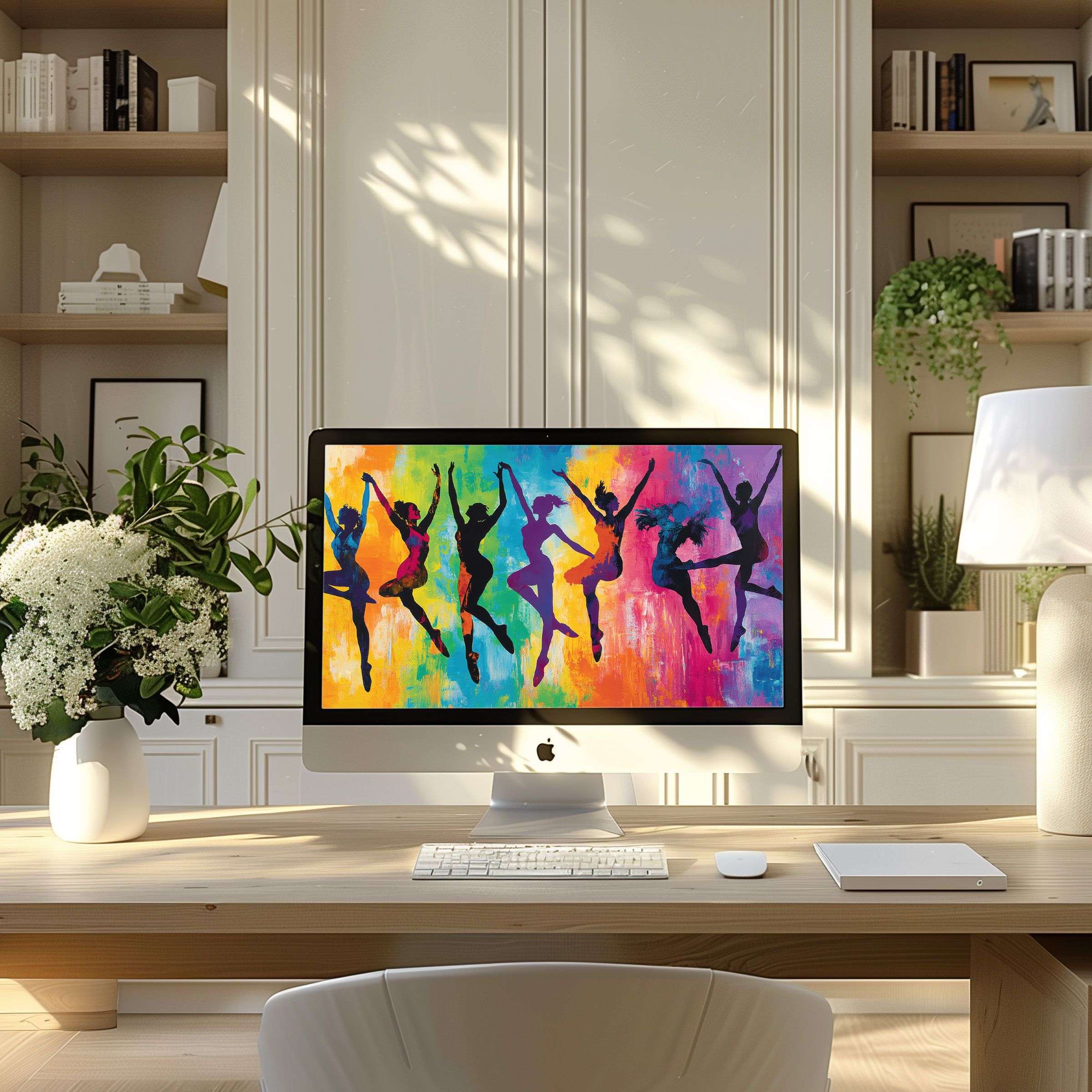 Vibrant dancer silhouette artwork as wallpaper for computer inspires elegance and calm in modern home office fits PC laptop ultrawide