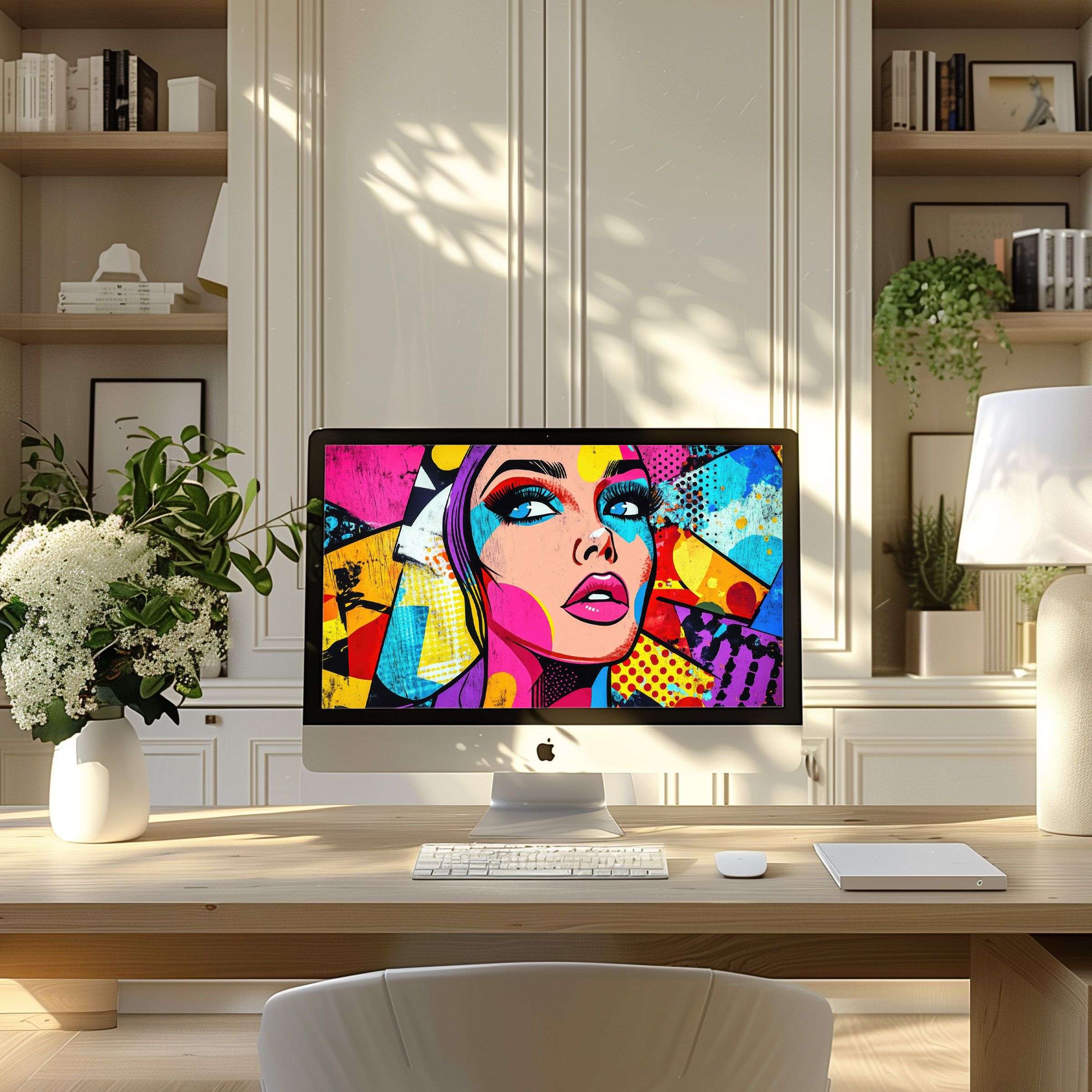 Vibrant pop art wallpaper for computer adds inspiration to modern home office, fits PC, laptop, ultrawide digital download