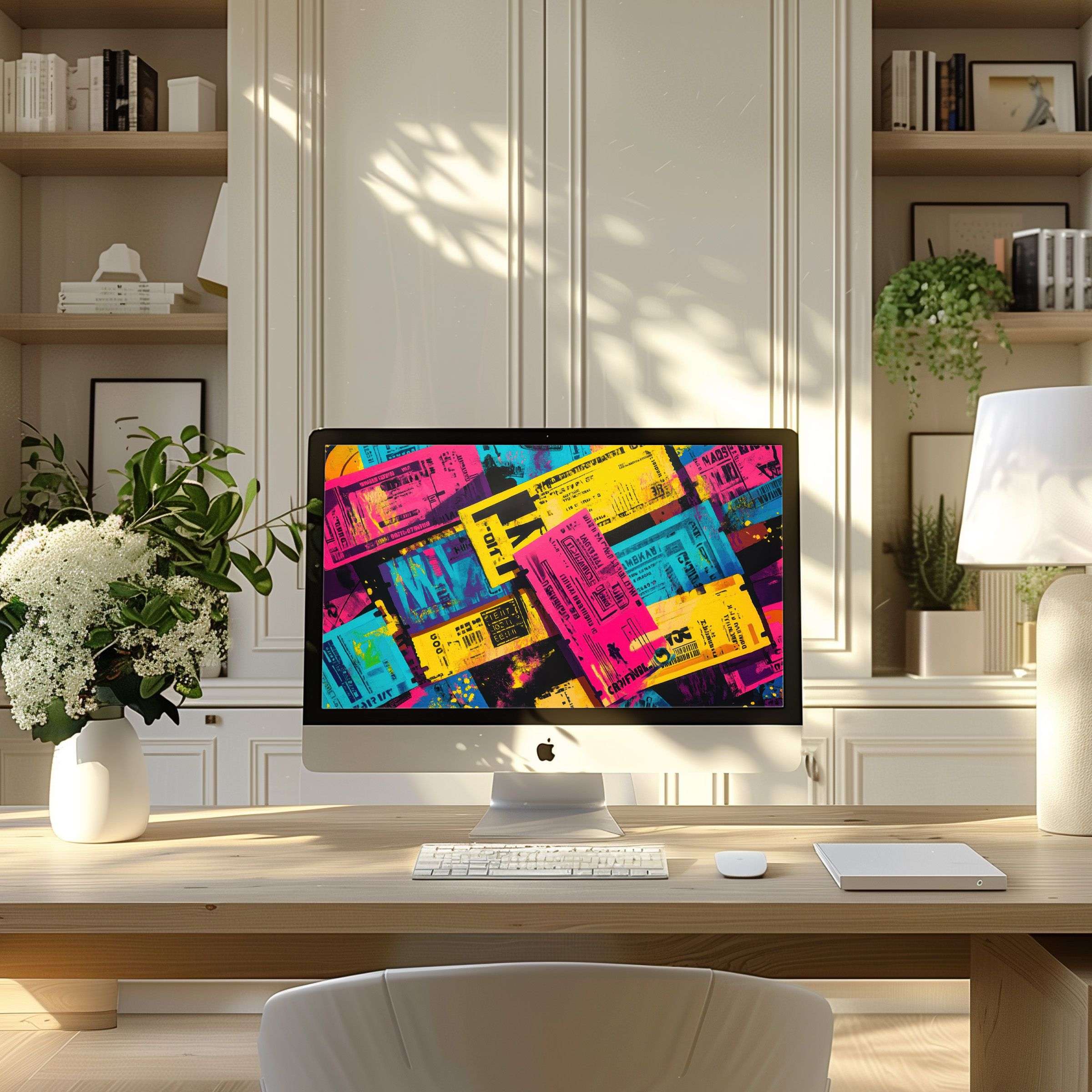 Vibrant abstract art wallpaper for computer breathes elegance into a modern home office, inspiring calm on PC and laptop screens