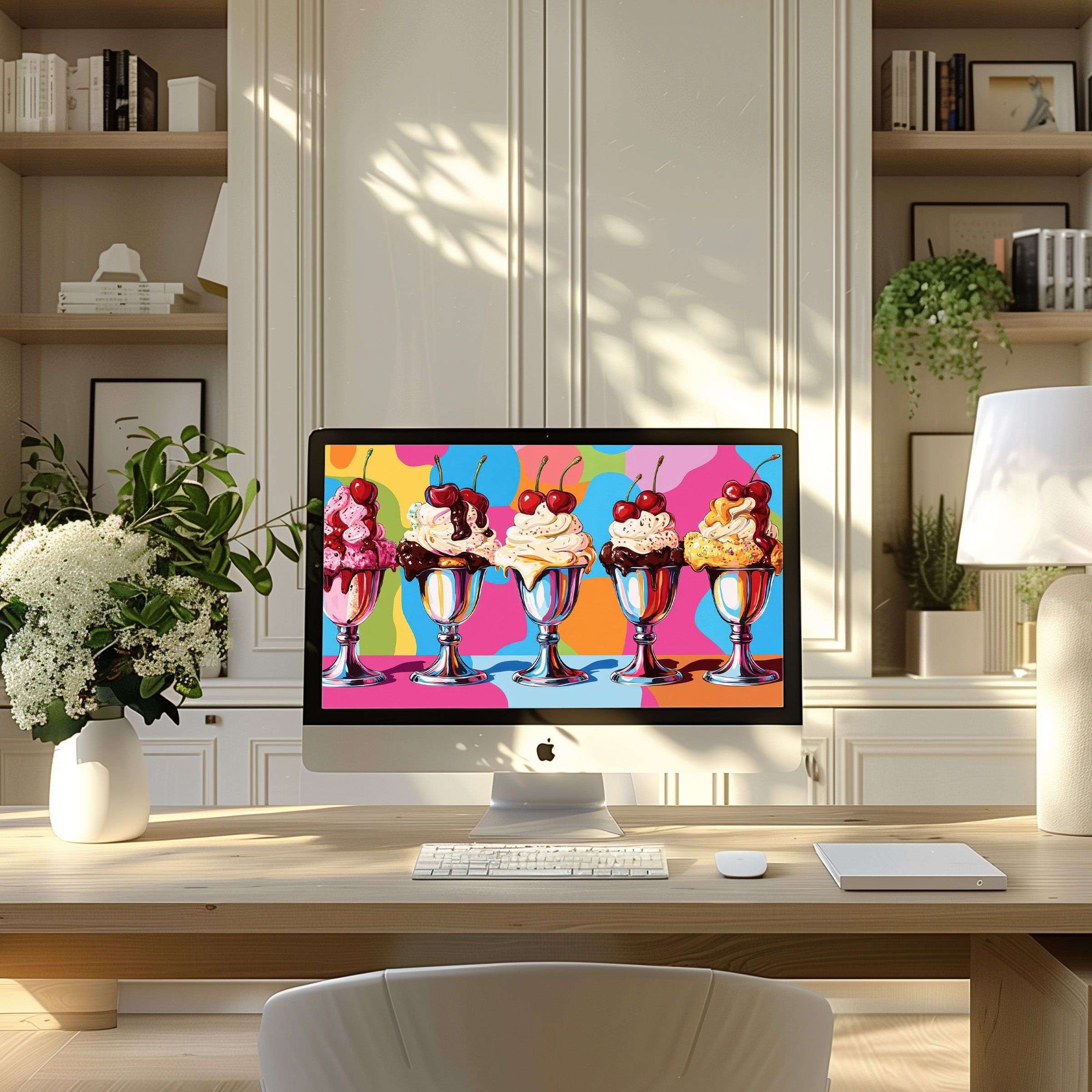 Vibrant sundae art wallpaper for computer adds elegance to PC and laptop screens, inspiring a calm, modern home office ambiance