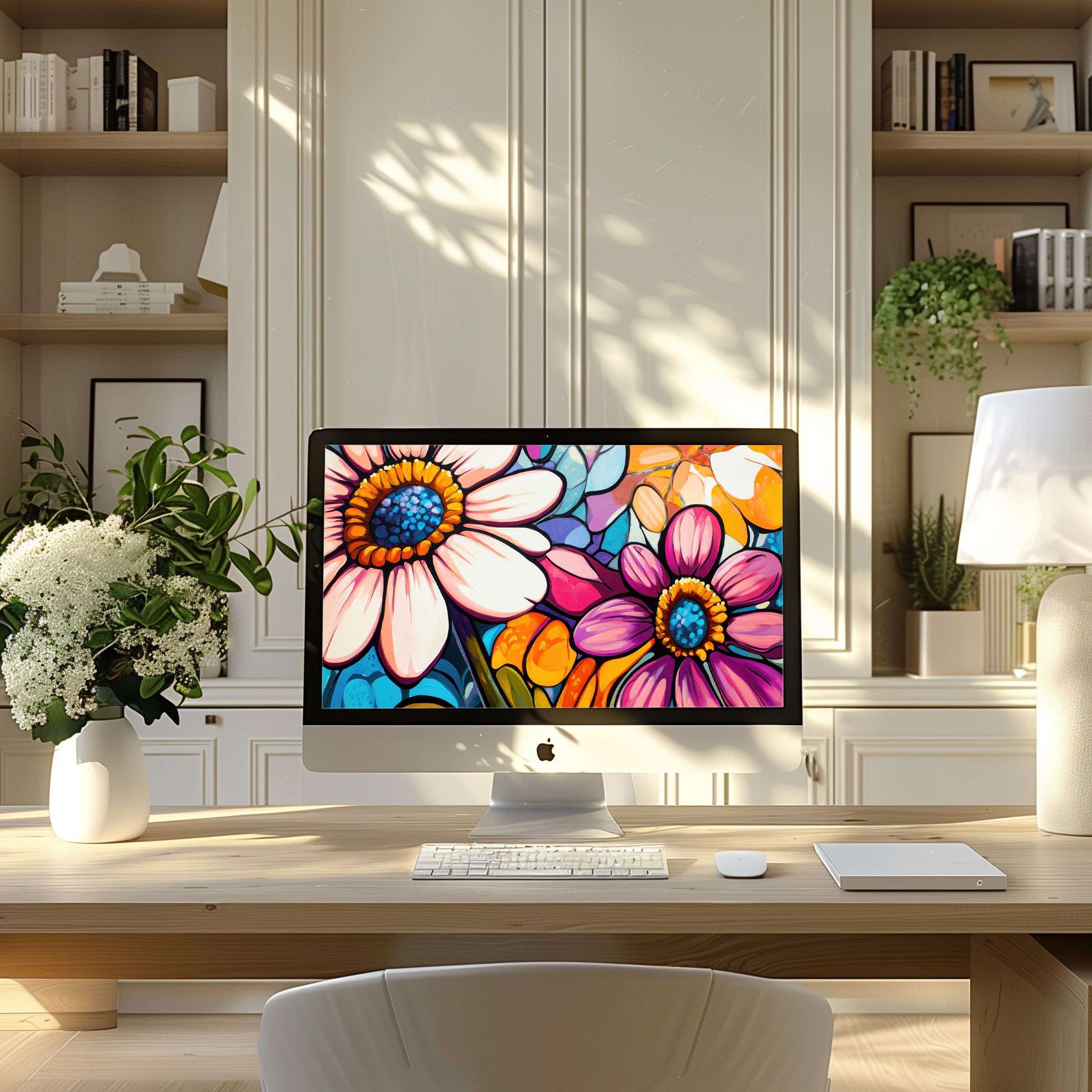 Elegant floral digital art wallpaper for computer, PC, and laptop infuses calm and inspiration into modern home office setups