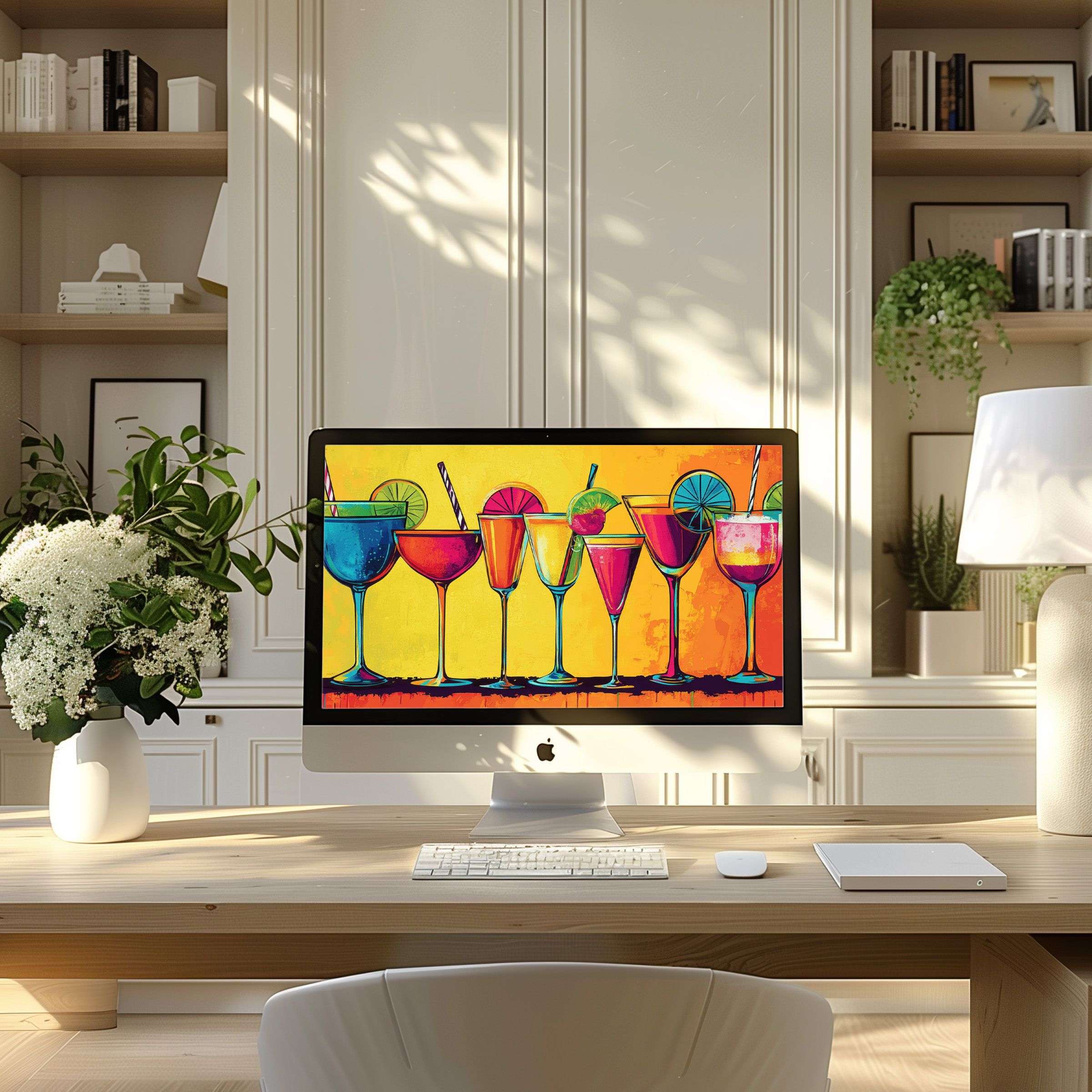 Vibrant cocktail art brings inspiration to modern home office, ideal wallpaper for computer, PC, or laptop digital download