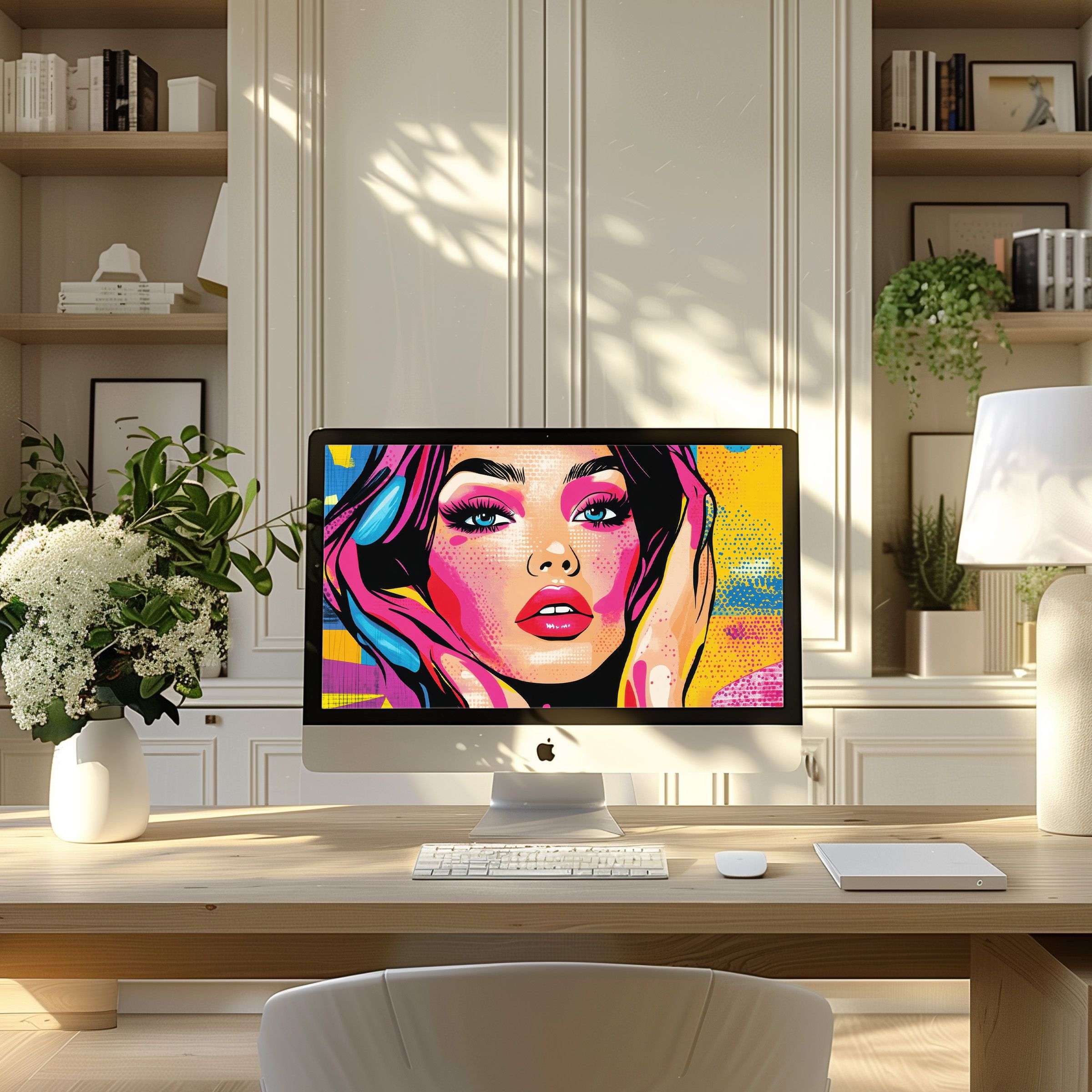 Vibrant pop art wallpaper for computer in a minimalist home office setting adds elegance and inspiration to your PC or laptop display