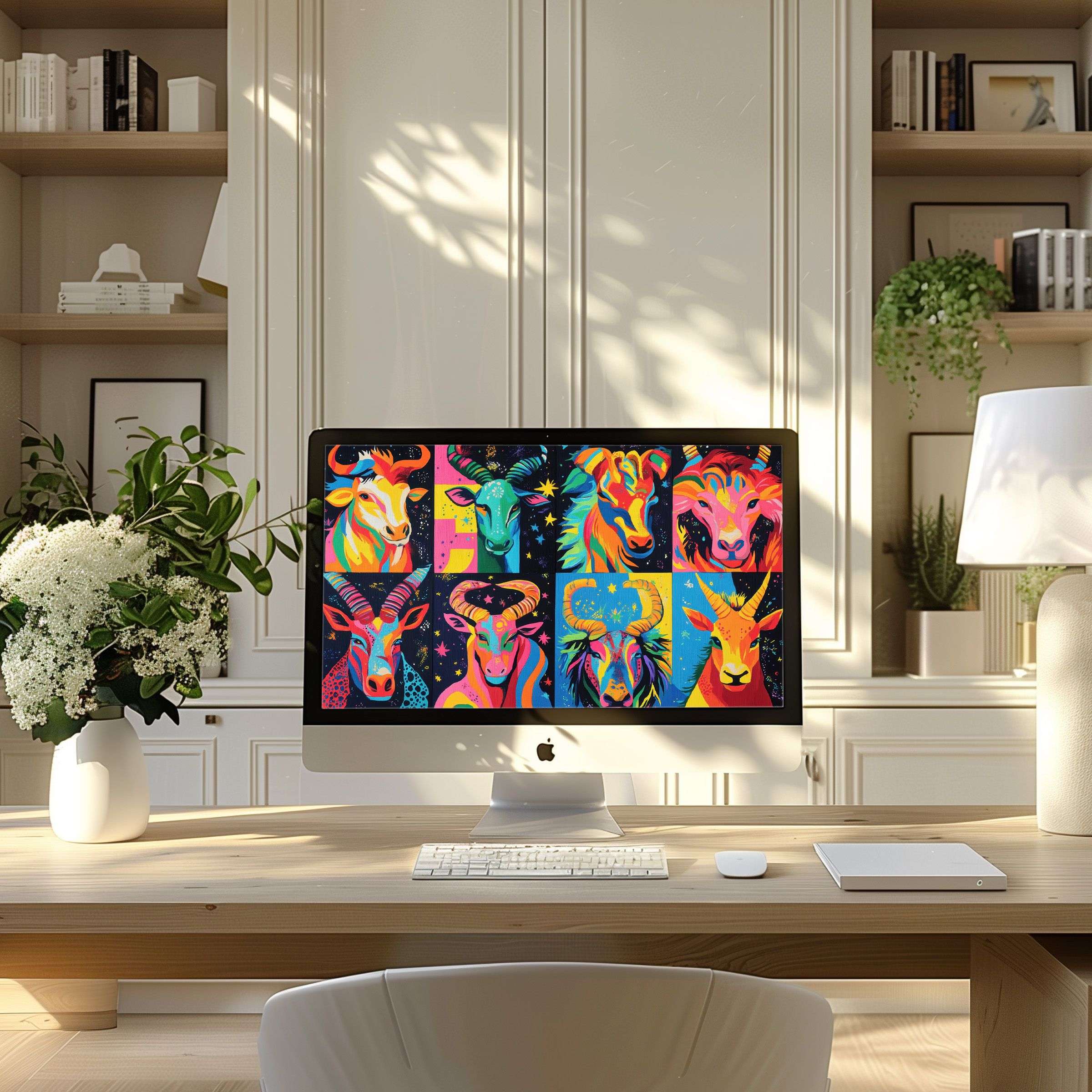 Colorful animal motif digital art wallpaper for computer enhances modern home office on PC or laptop offering calm elegance