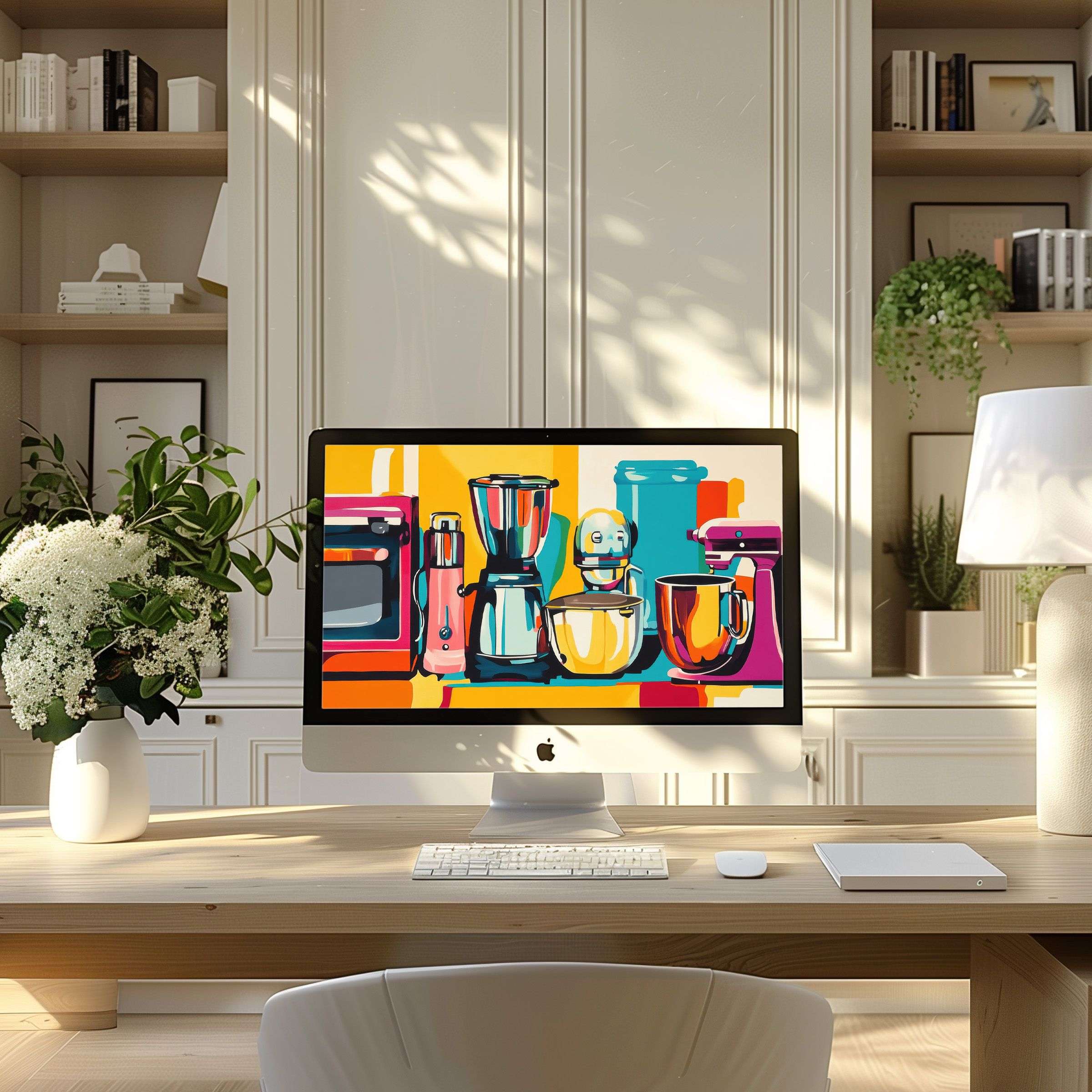 Elegant digital art with colorful appliances as wallpaper for computer offers calm inspiration for PC and laptop in a modern office