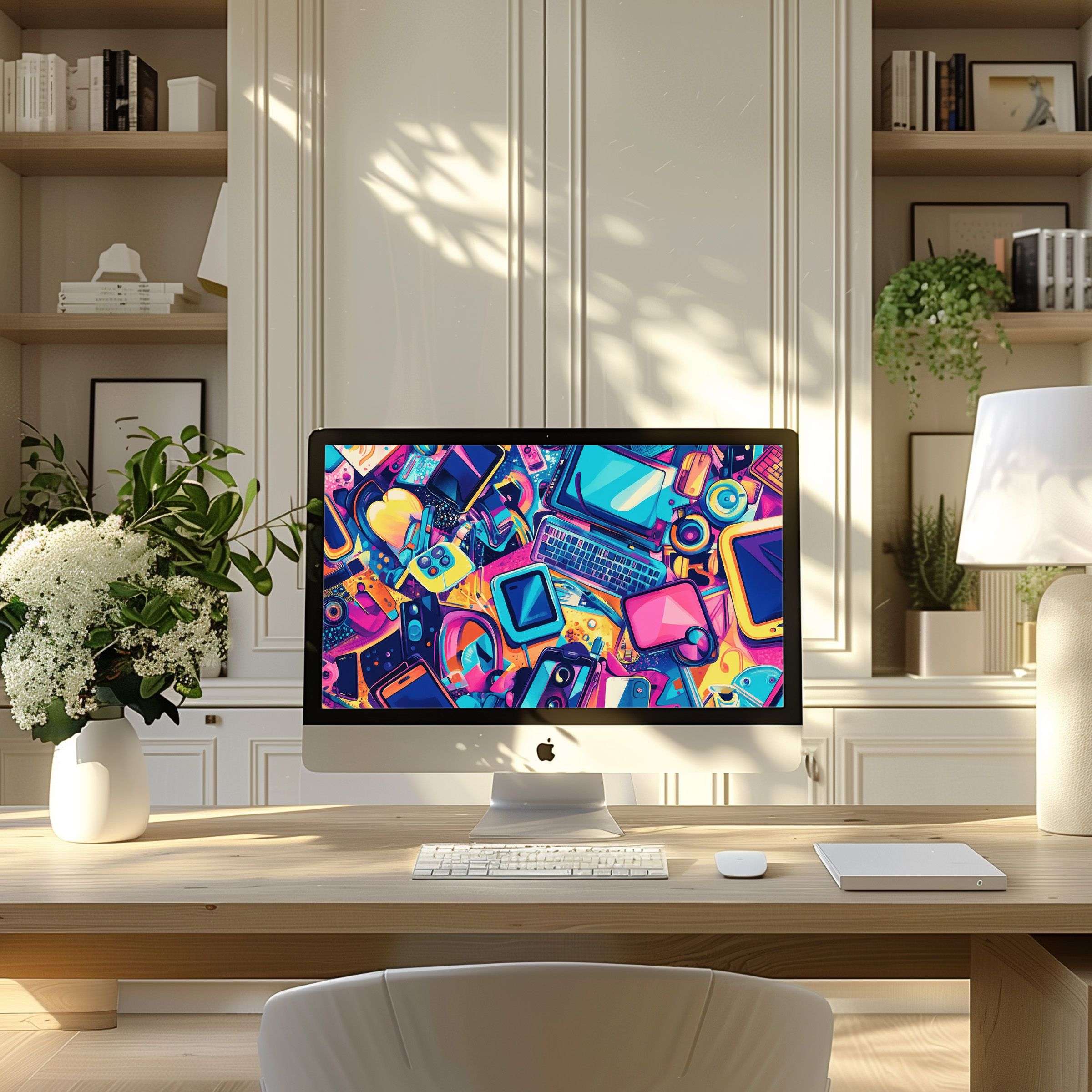 Vibrant abstract digital artwork as wallpaper for computer enhancing a serene, modern home office space fits PC, laptop, ultrawide