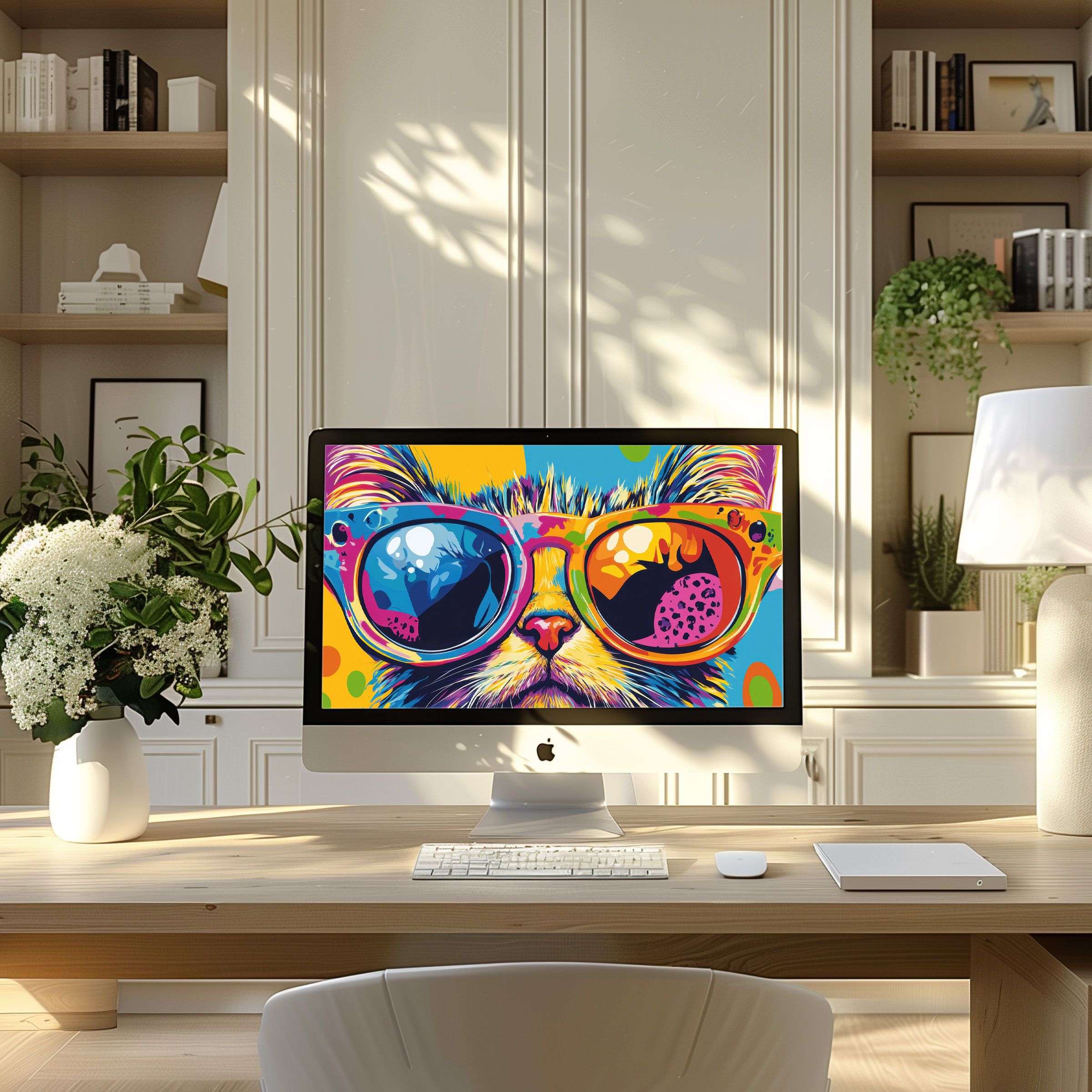Colorful cat art wallpaper for computer brings inspiration to modern home office settings on PC and laptop screens