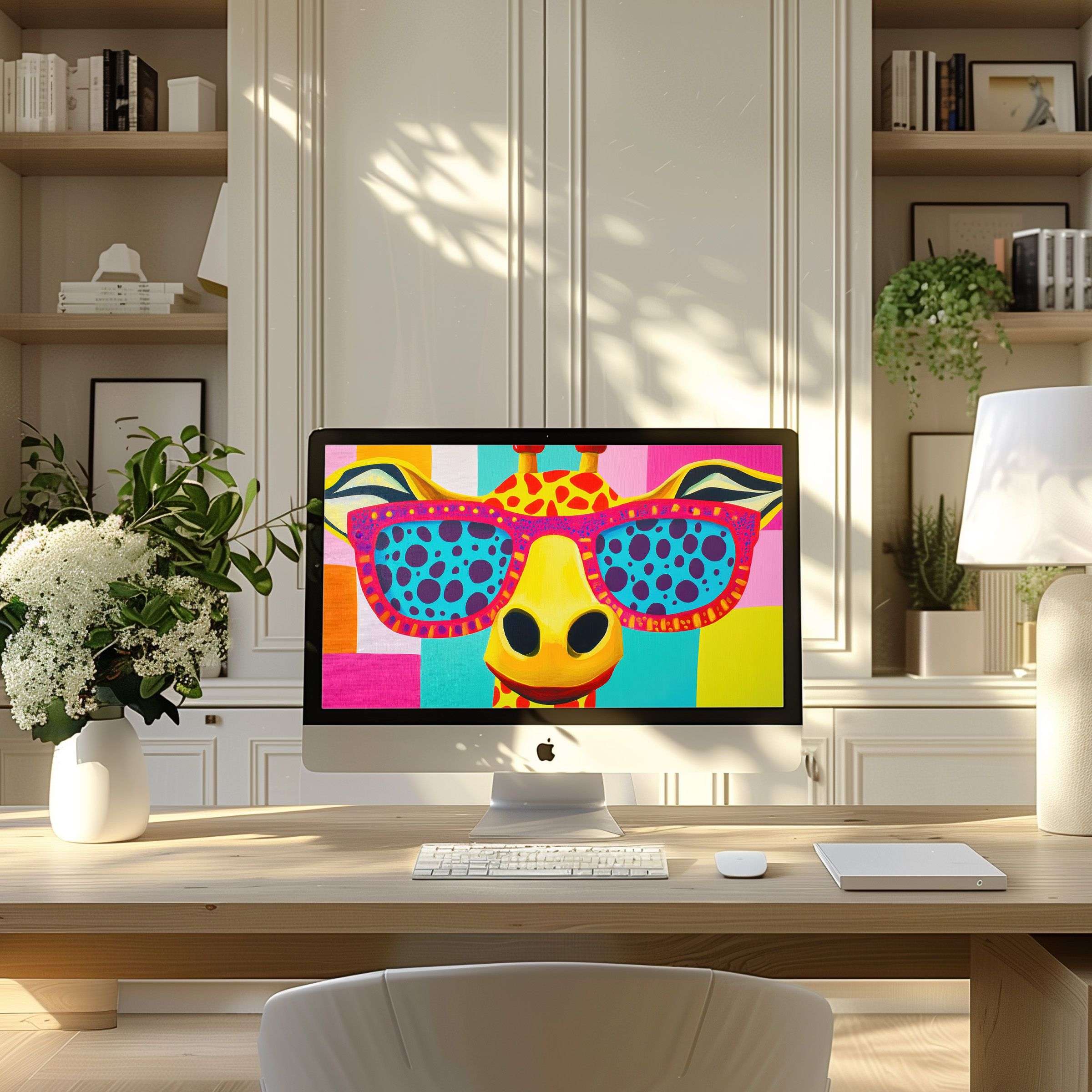 Vibrant giraffe wallpaper for computer radiates elegance and inspiration, perfect for PC or Laptop in a serene modern home office setting