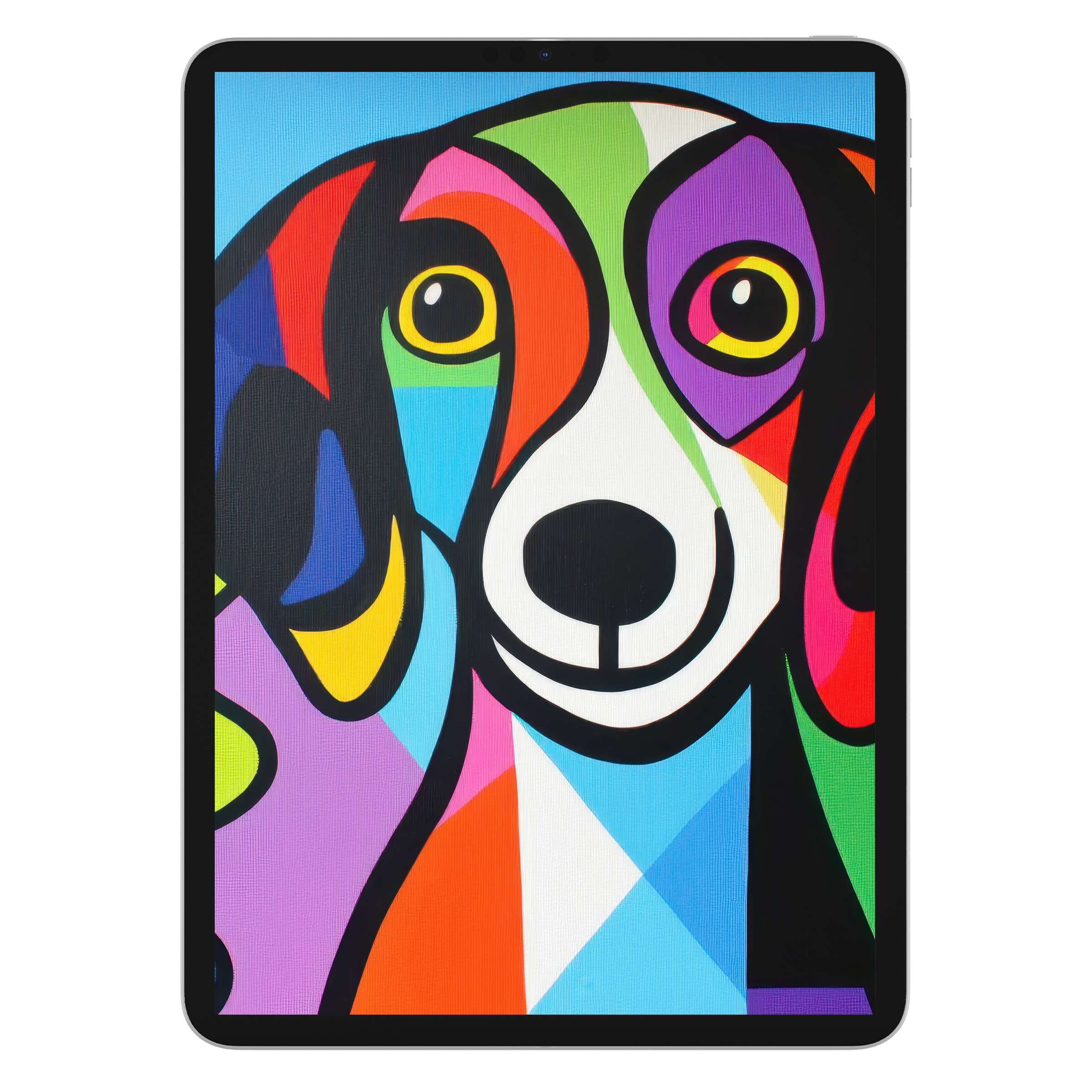 Vibrant pop art iPad wallpaper featuring a colorful dog design, perfect digital download for tablet backgrounds with artistic flair