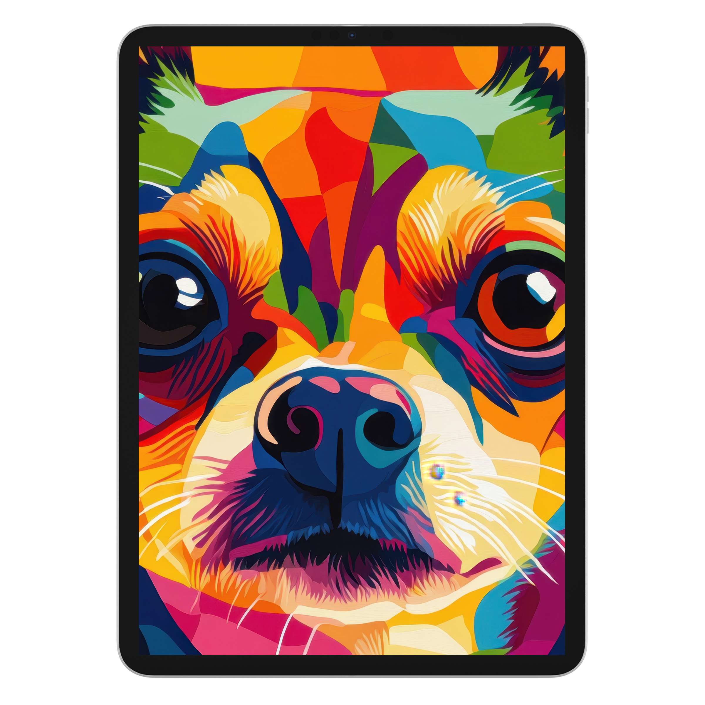 Vibrant pop art iPad wallpaper featuring a colorful dog portrait for elegant tablet background digital download for creativity