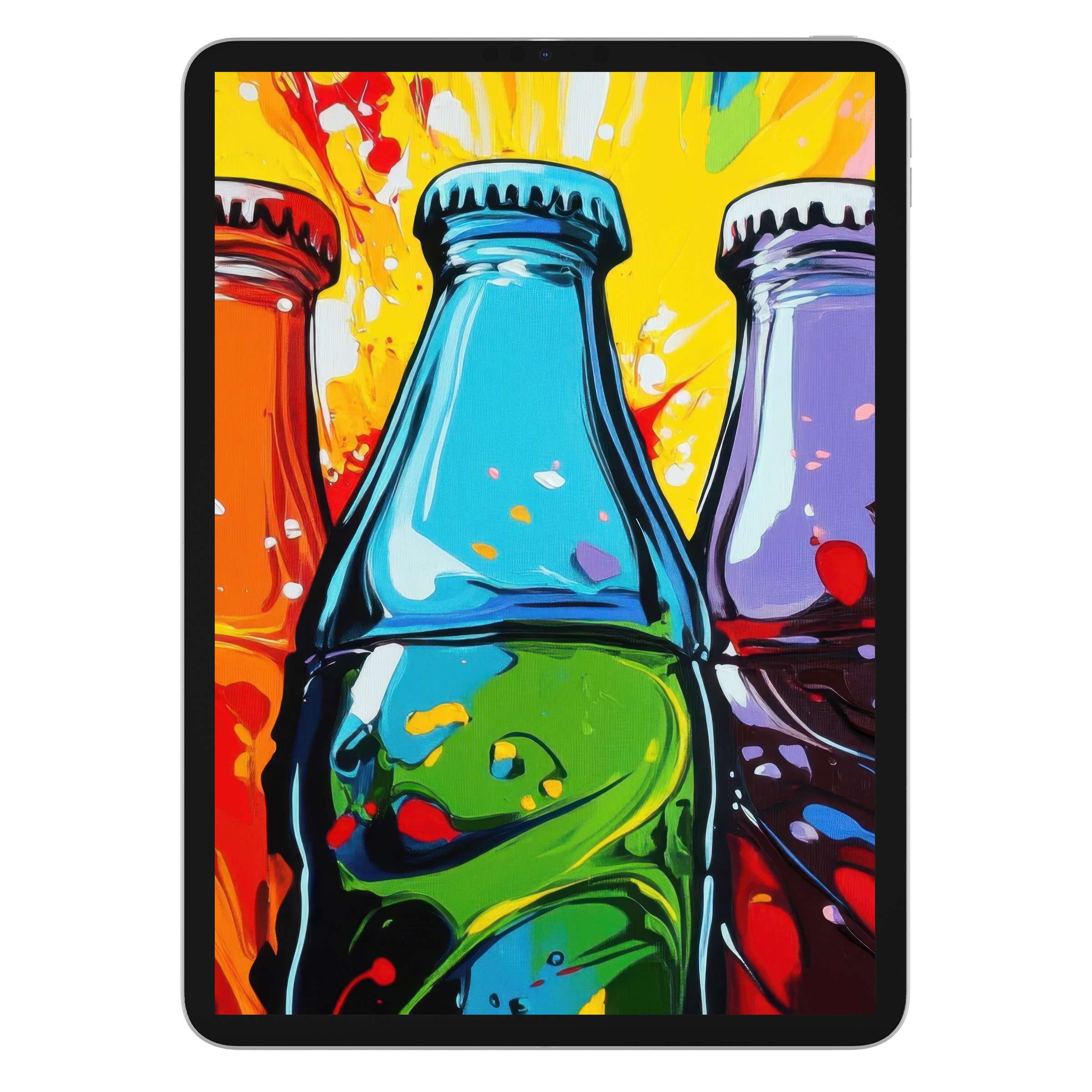 Vibrant pop art iPad wallpaper featuring colorful bottles, perfect digital download for elegant tablet background aesthetics