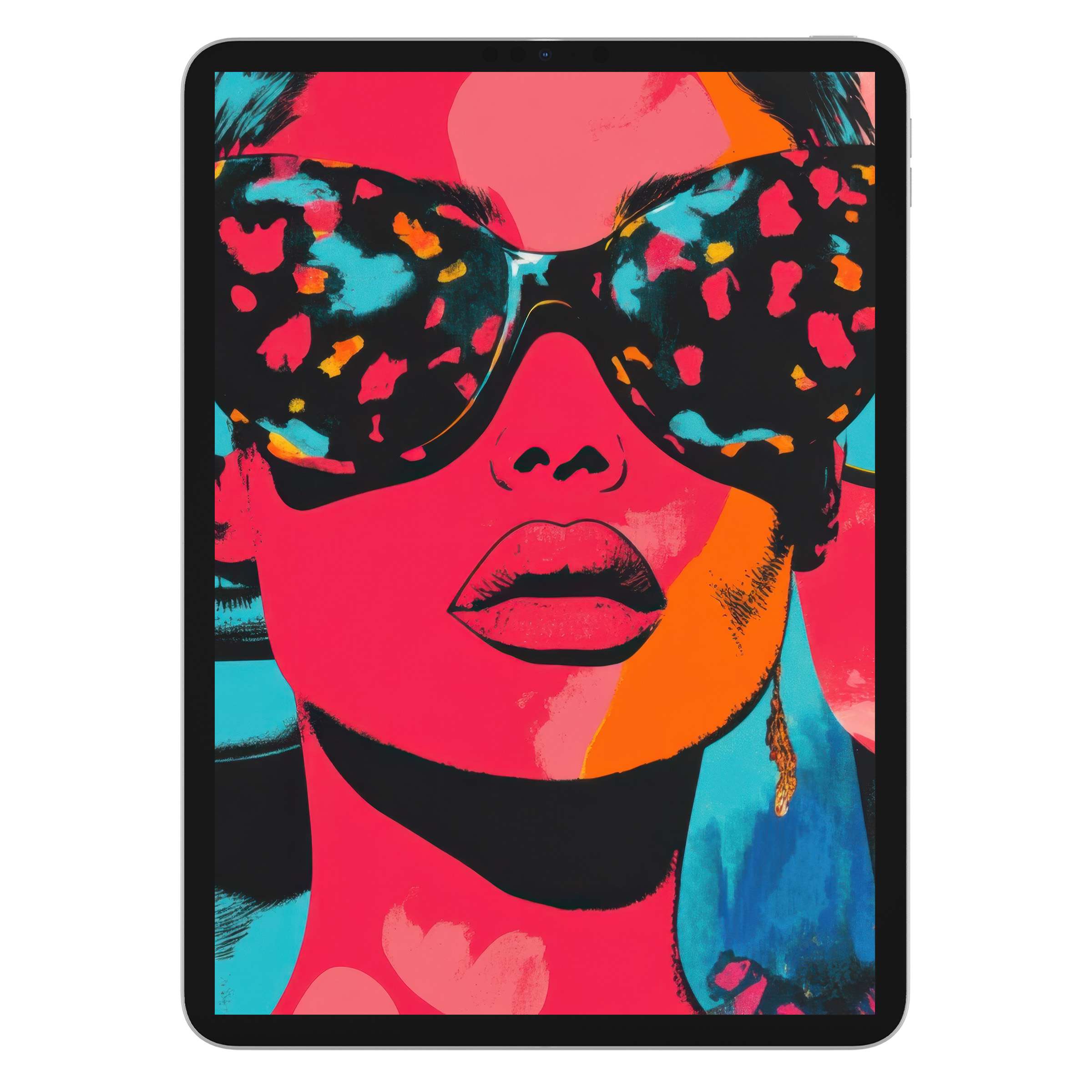 Vibrant pop art iPad wallpaper featuring a bold, colorful portrait with a playful and calming digital download background for any tablet