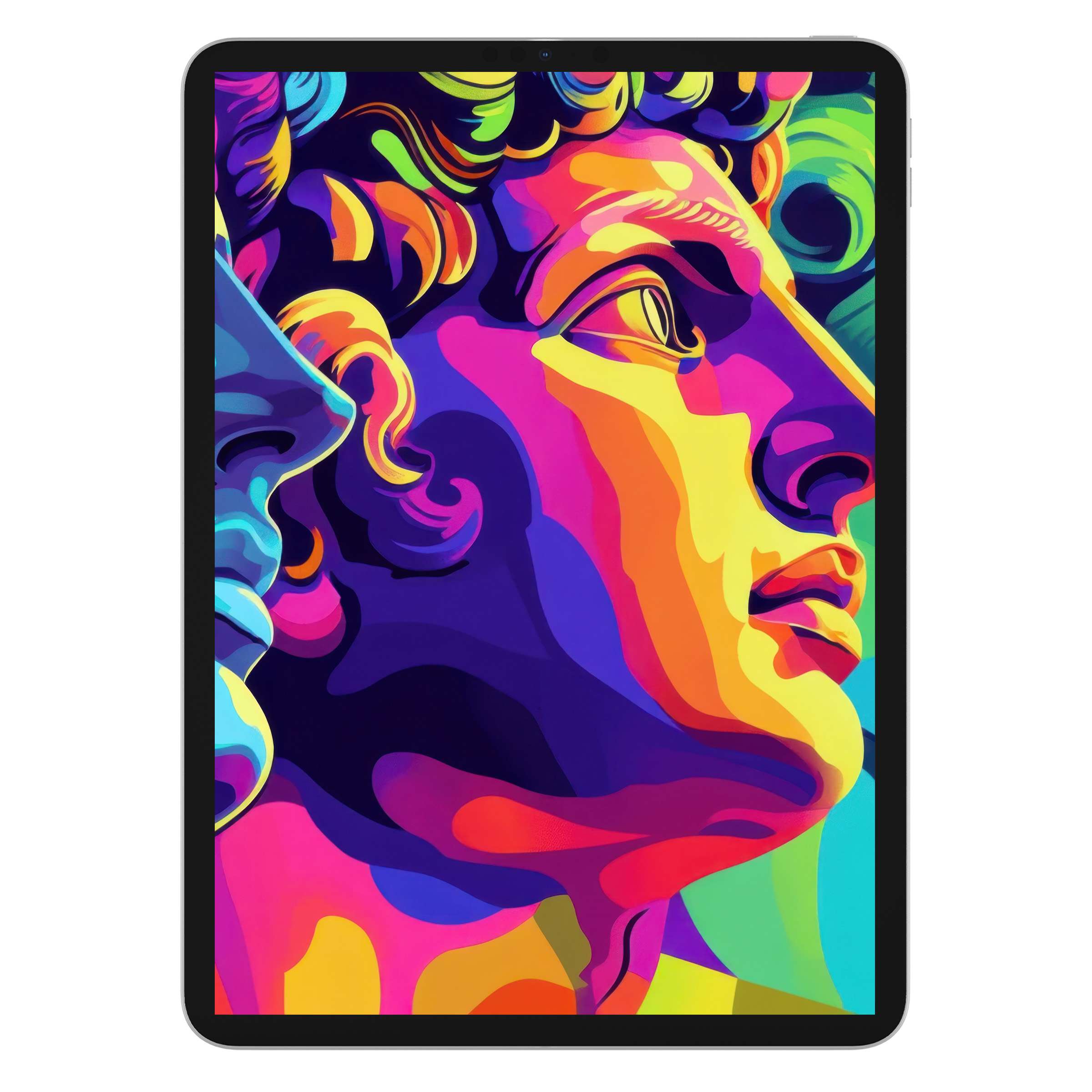 Vibrant pop art iPad wallpaper digital download with colorful abstract face enhances any tablet background with modern aesthetics