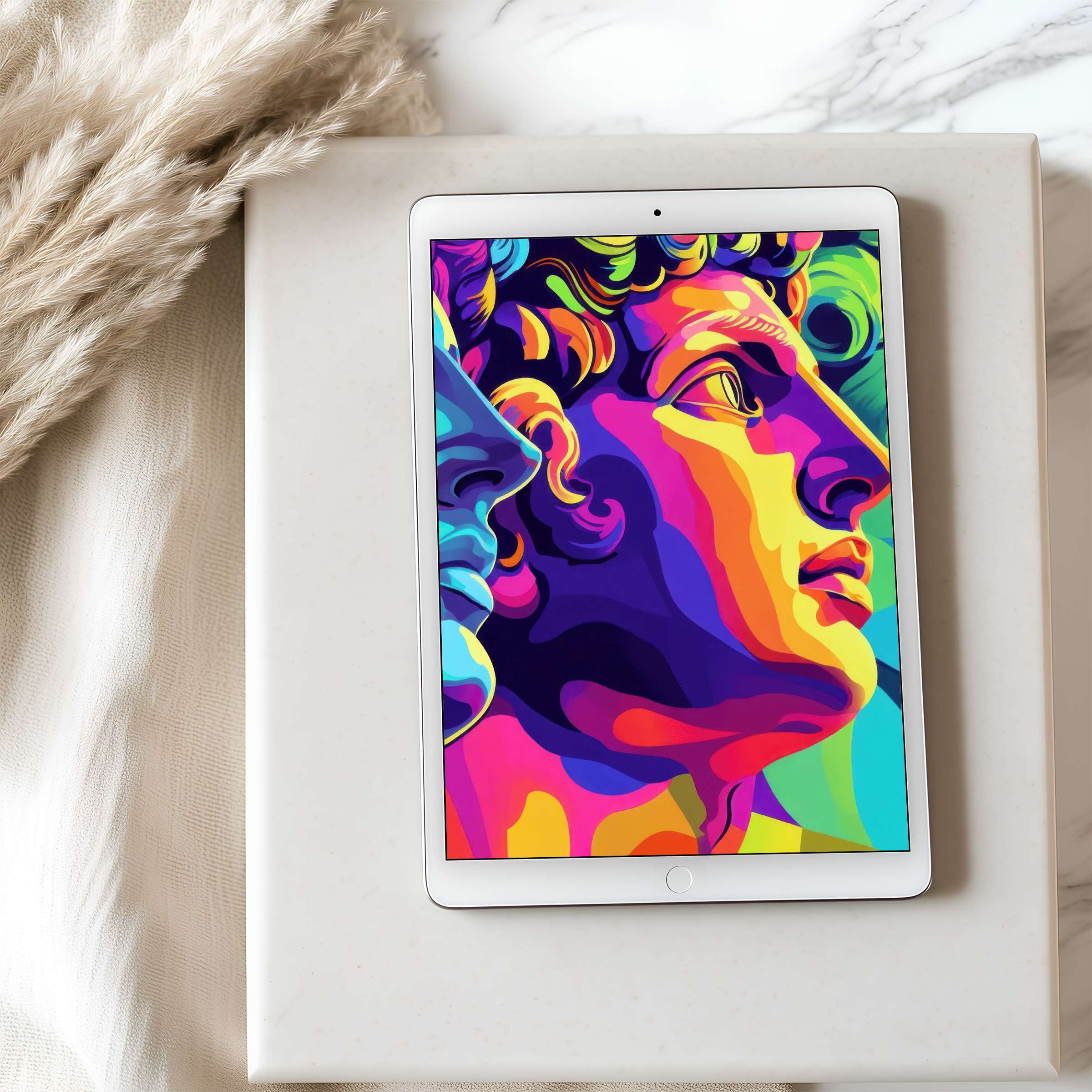Vibrant neoclassical-inspired tablet wallpaper in high resolution energizes a serene marble space ideal for iPad digital download