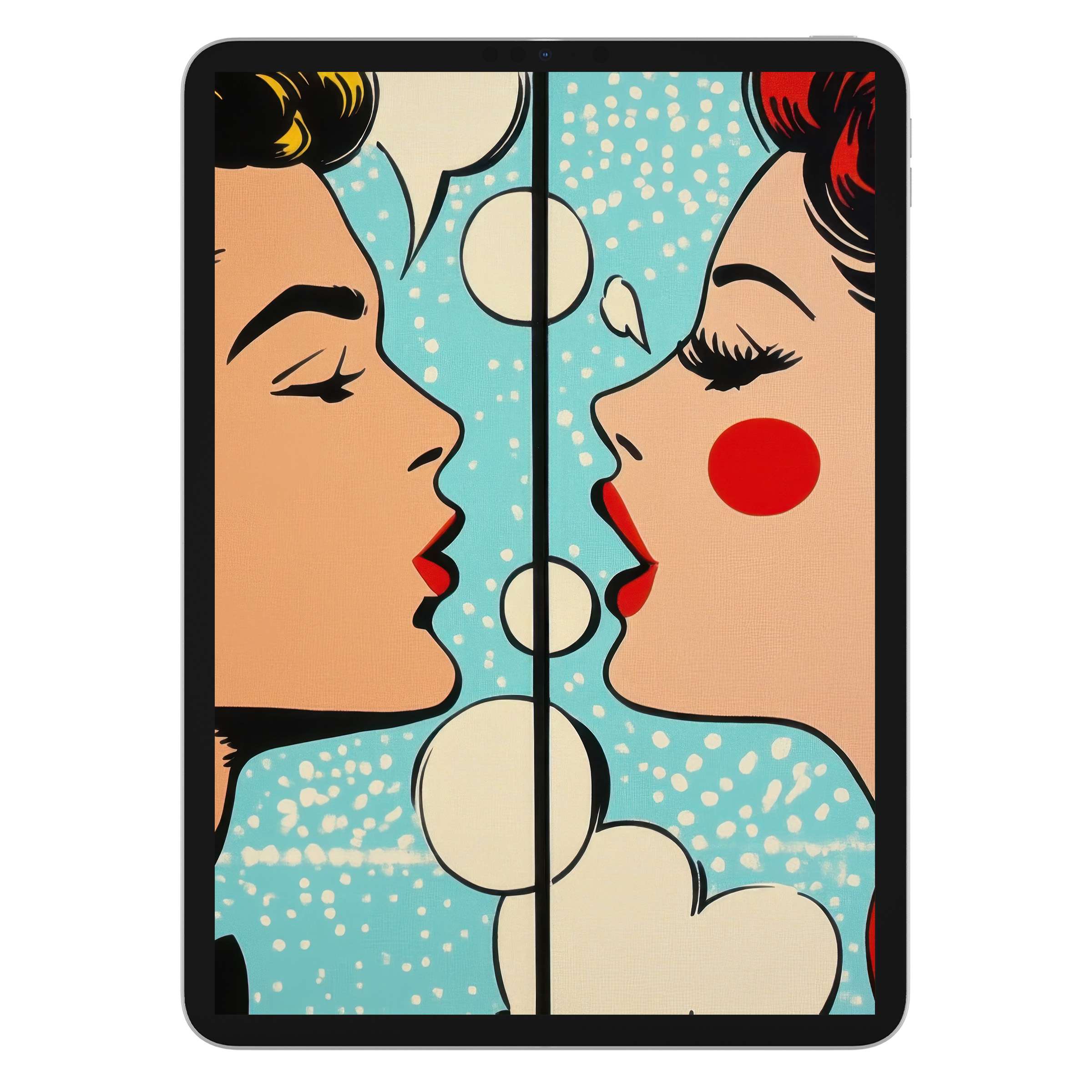 Pop art iPad wallpaper in vibrant colors evokes retro elegance with comic style, perfect digital download for tablet background bliss