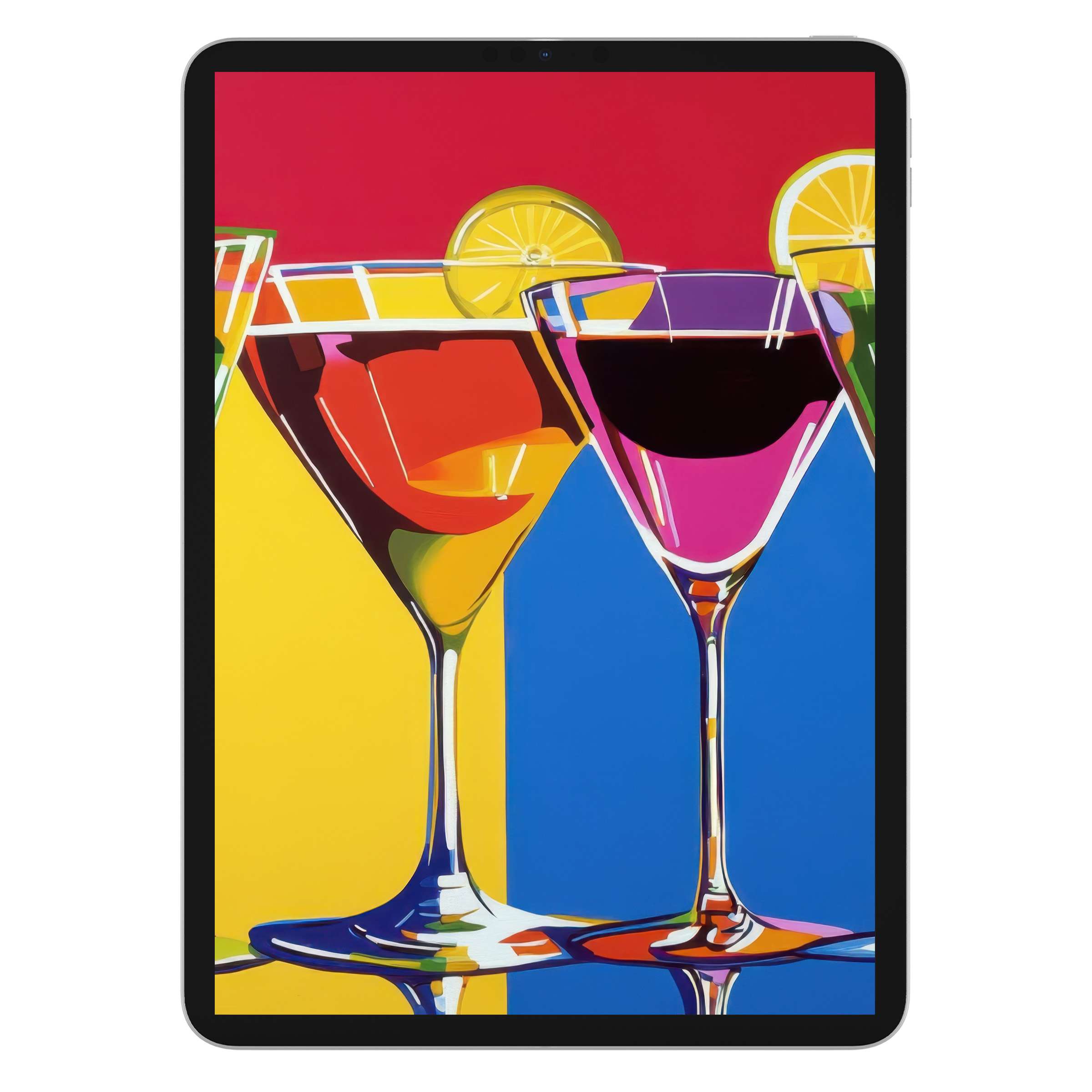 Vibrant pop art iPad wallpaper featuring colorful cocktails, a stunning digital download background for tablet elegance and style