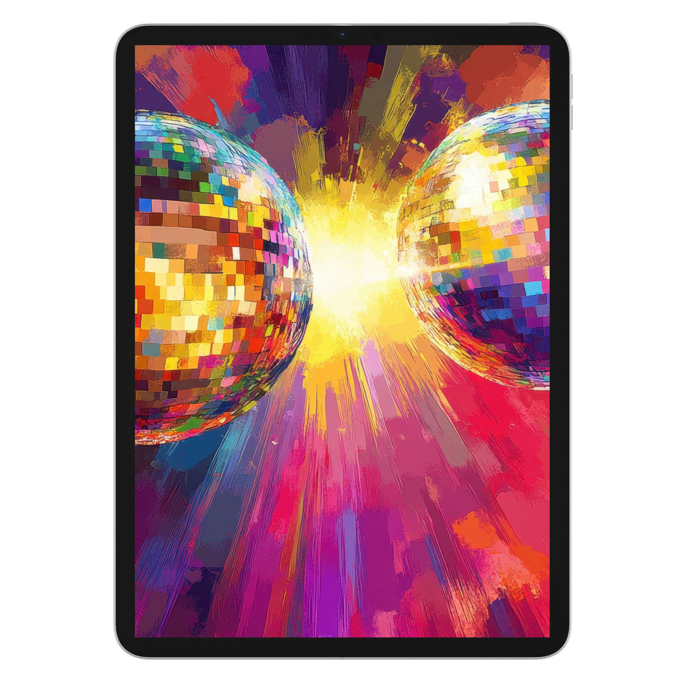 Vivid pop art iPad wallpaper for tablets, this digital download features vibrant cosmic bursts as an inspiring, dynamic background