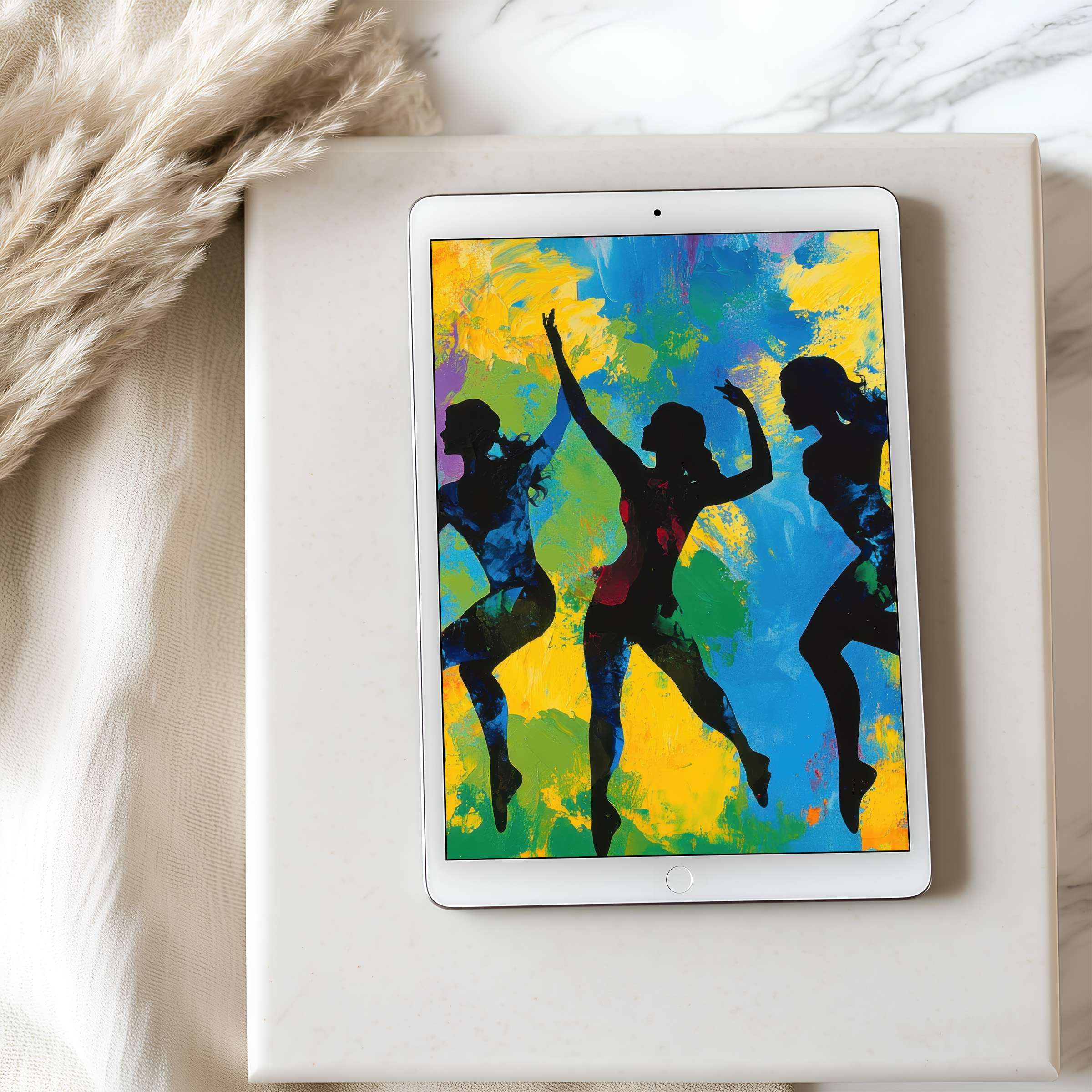Vibrant tablet wallpaper with silhouettes dancing against a colorful abstract background ideal for iPad high resolution digital download