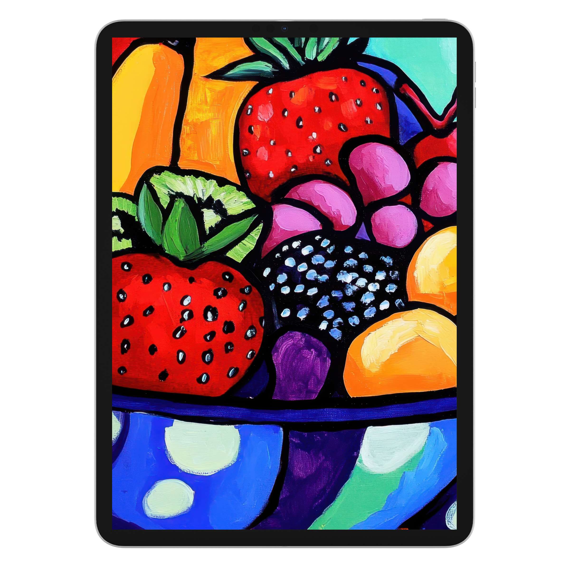 Vibrant pop art iPad wallpaper featuring colorful fruit bowl for a refreshing digital download background on tablets