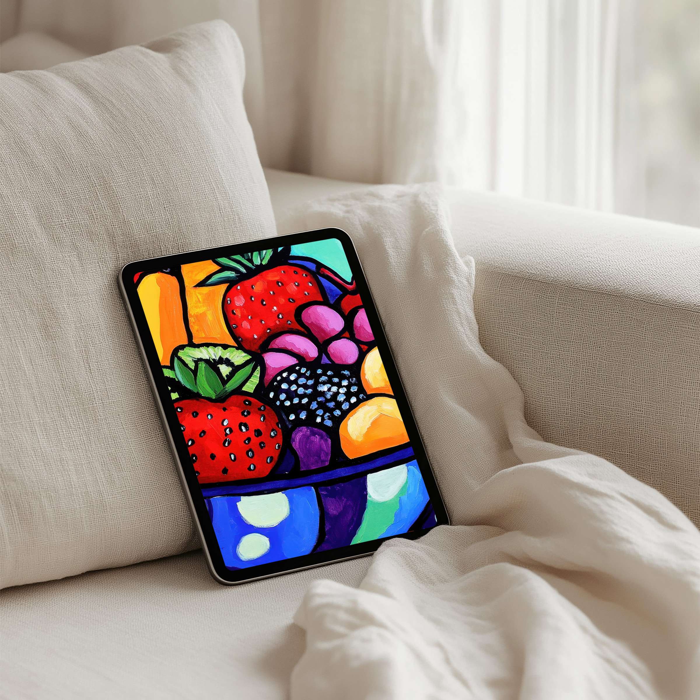Vibrant fruit art iPad background brings elegant calm to your tablet with instant download for mindful aesthetics and creativity