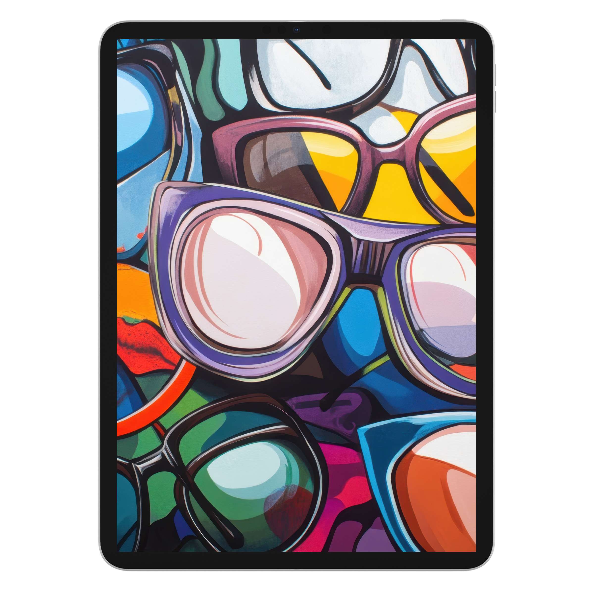 Vibrant pop art iPad wallpaper digital download features bold sunglasses in rich colors for an inspiring tablet background design