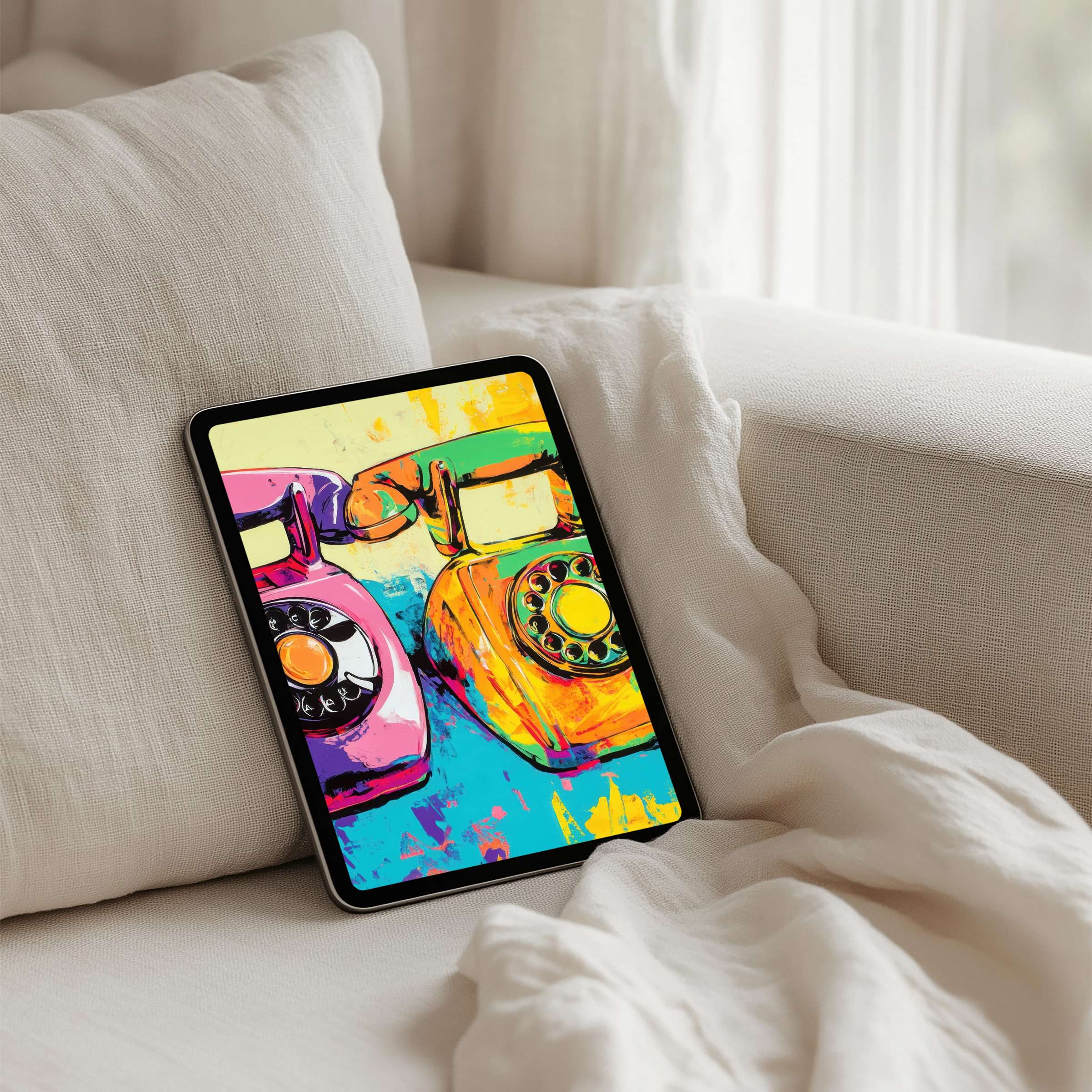 Colorful retro phones art as iPad background inspires elegance and calm for your tablet instant download for modern aesthetics