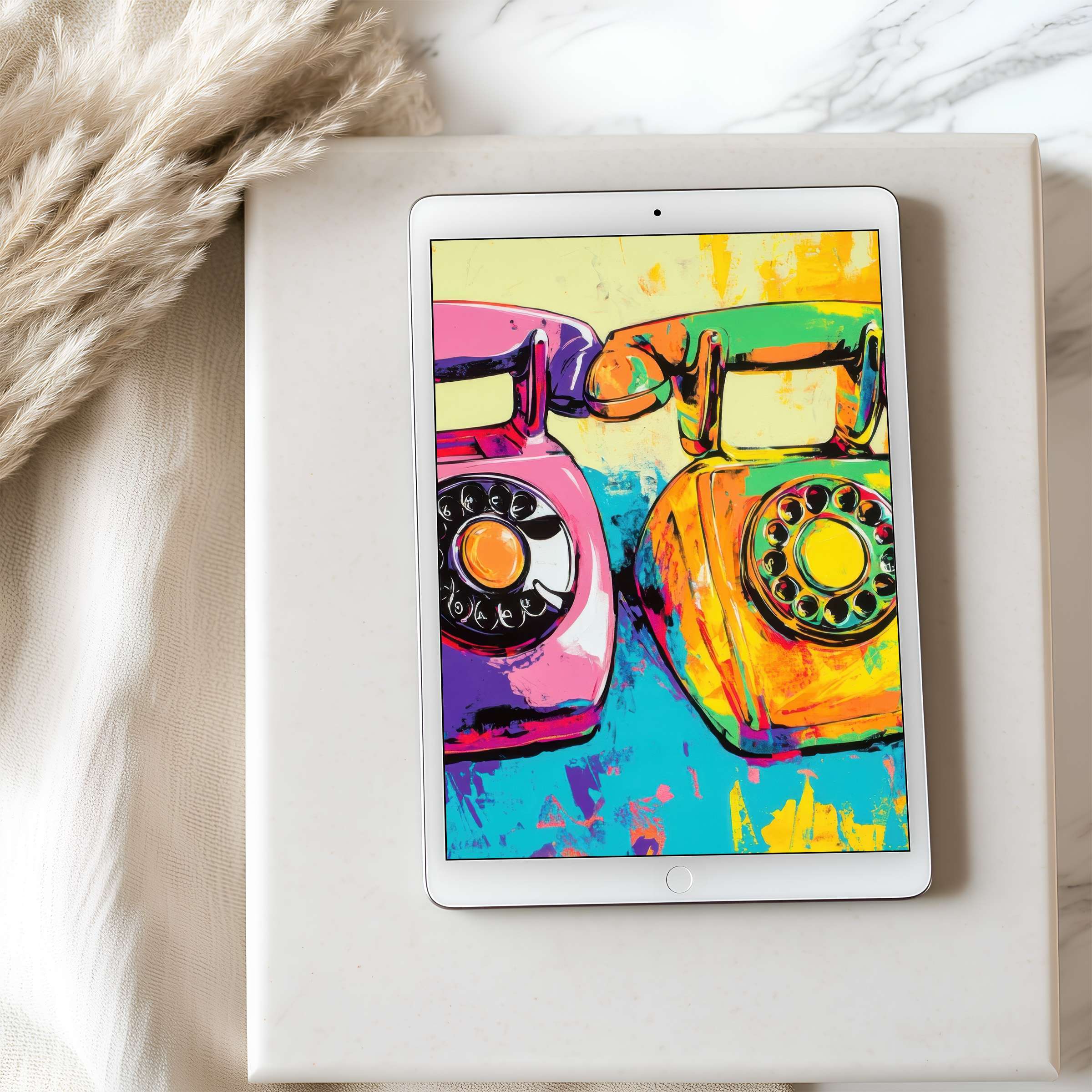 Vibrant tablet wallpaper displaying colorful retro phones, ideal for iPad or Android digital download, enhancing any calm, elegant space