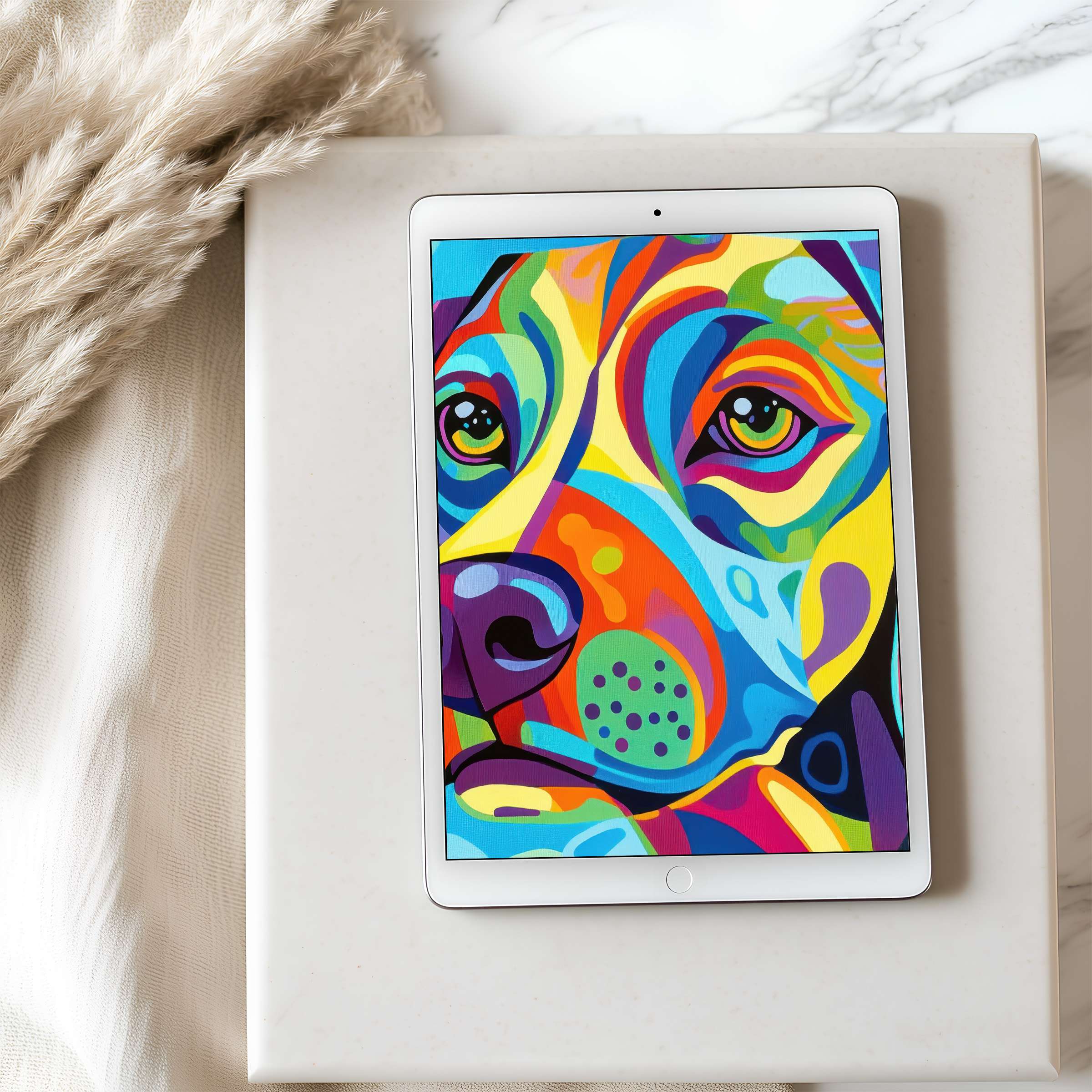 Vibrant dog art tablet wallpaper showcases bold colors in a cozy setting enhancing any iPad high resolution digital download