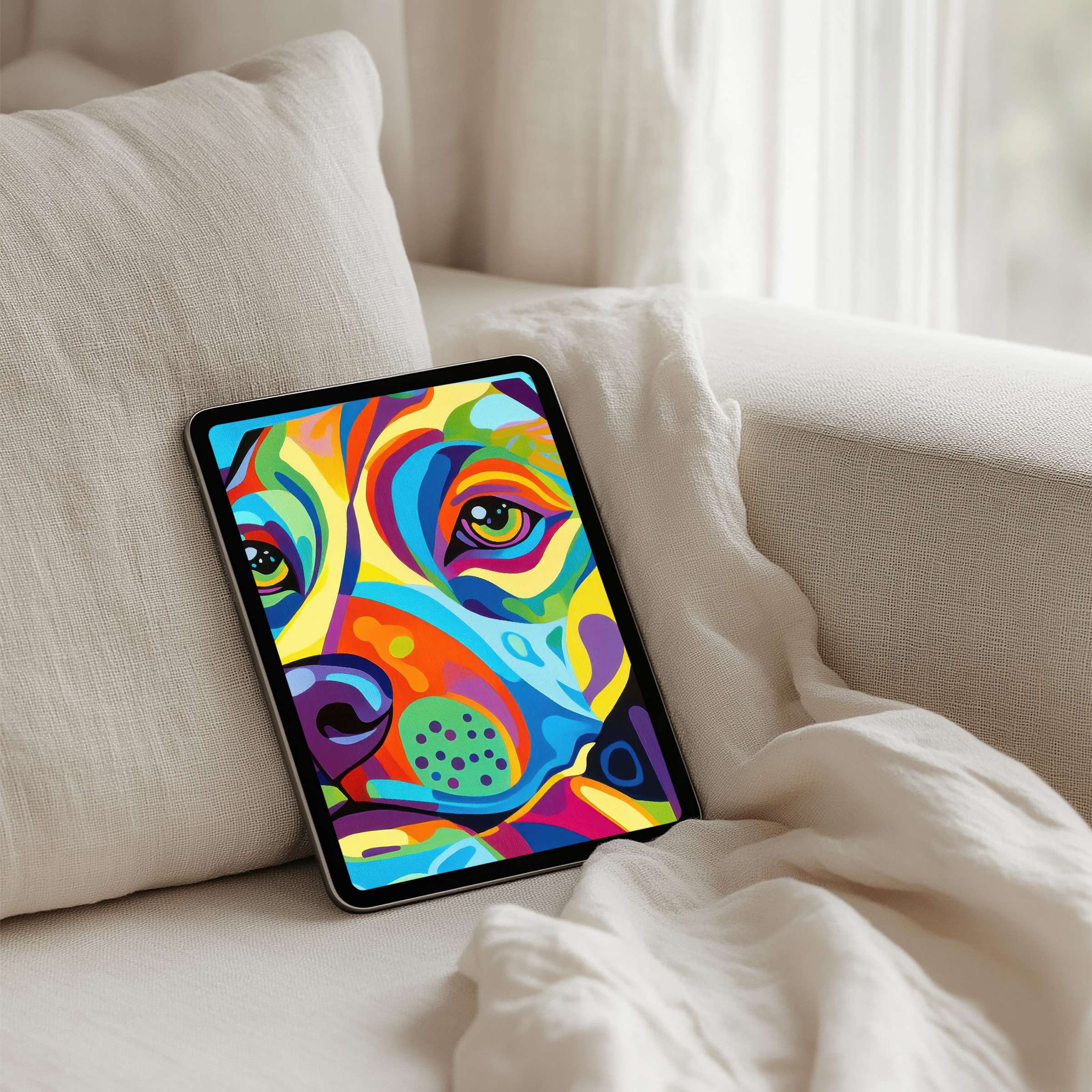 Colorful abstract dog art iPad background for instant download adds elegance and calm to your tablet's home screen