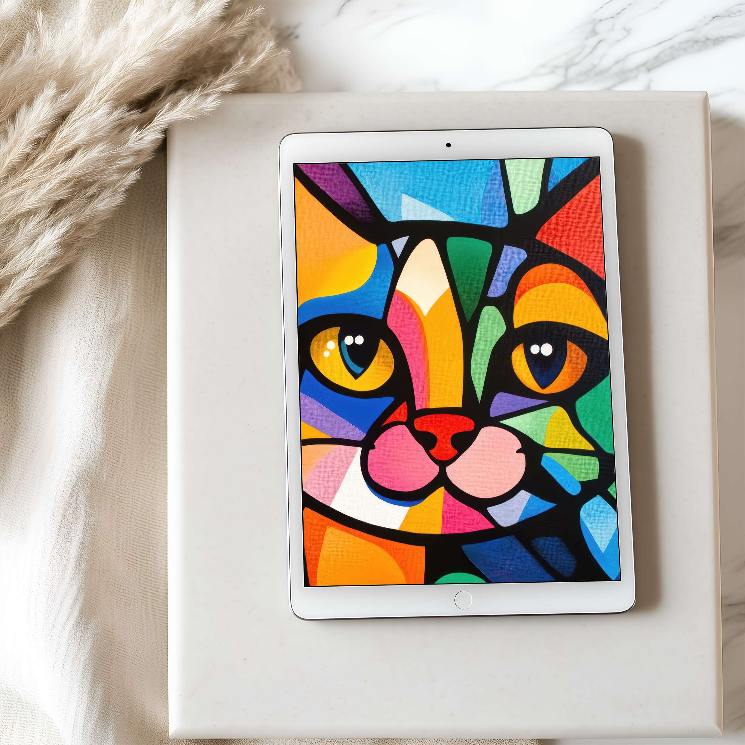 Colorful cat mosaic tablet wallpaper in high resolution, perfect for iPad or Android, brings calm elegance to your digital space