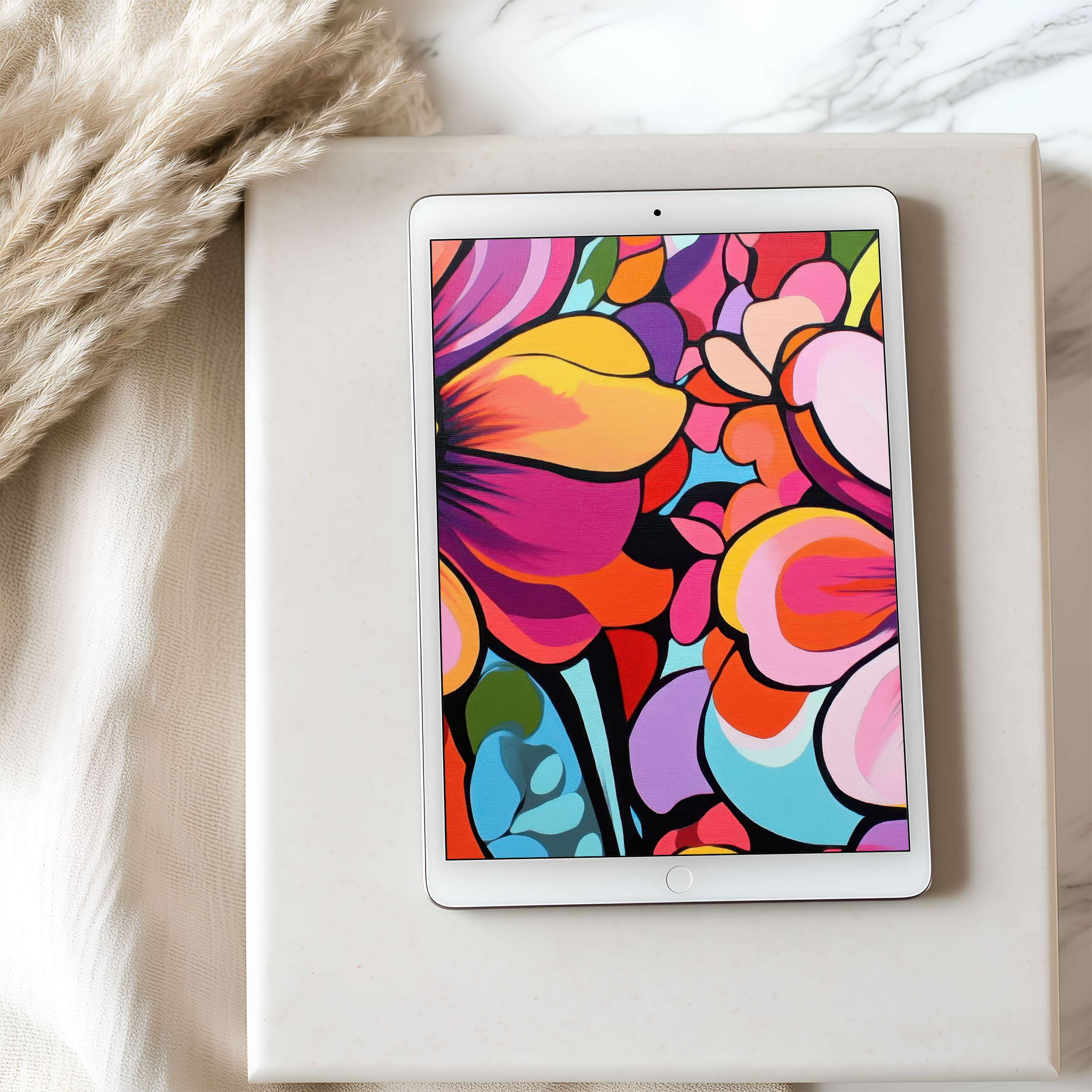 Colorful abstract floral design enhances any tablet wallpaper, offering a high resolution digital download for iPad and Android tablets