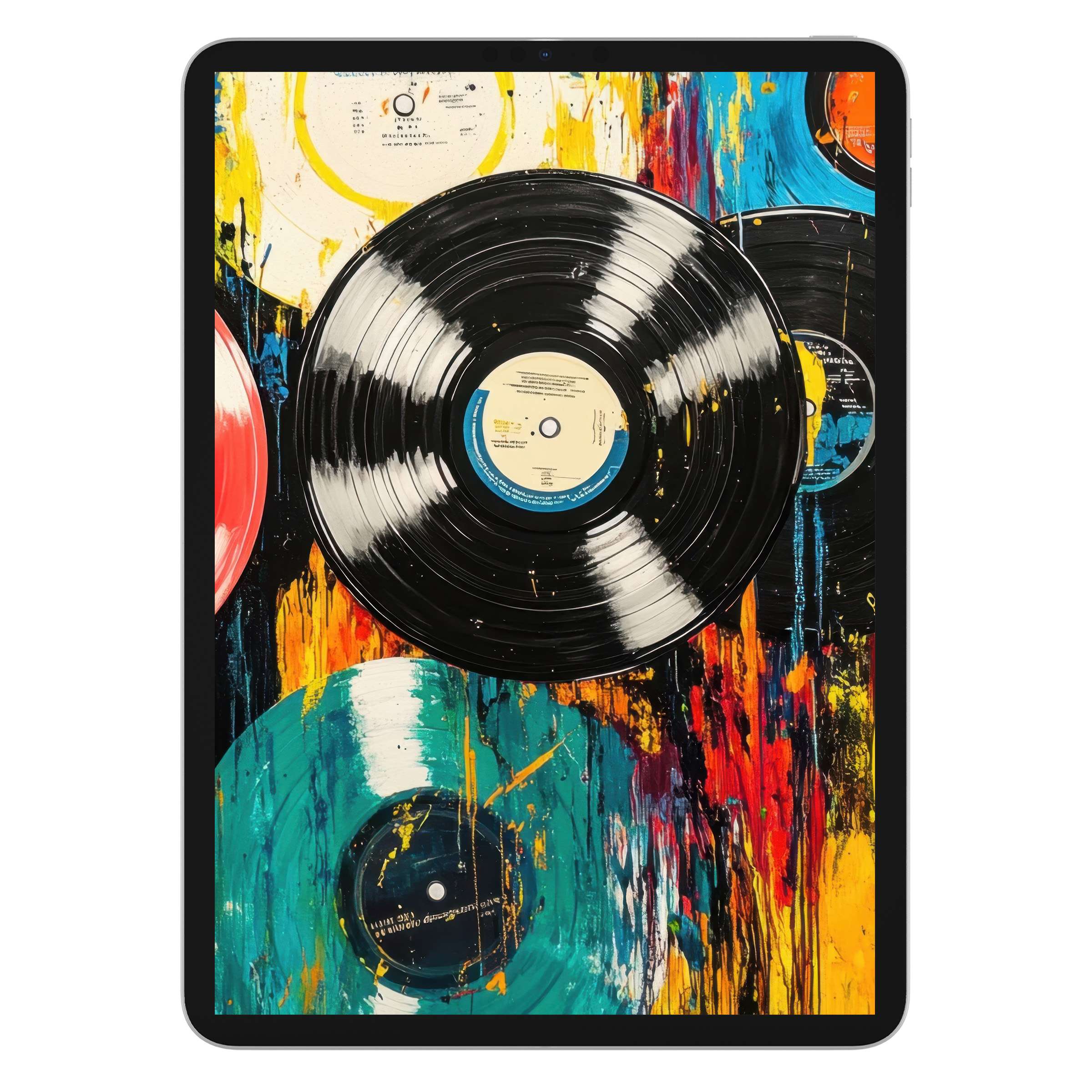 Vibrant pop art iPad wallpaper featuring colorful vinyl records, brush strokes create a dynamic background for digital download on any tablet